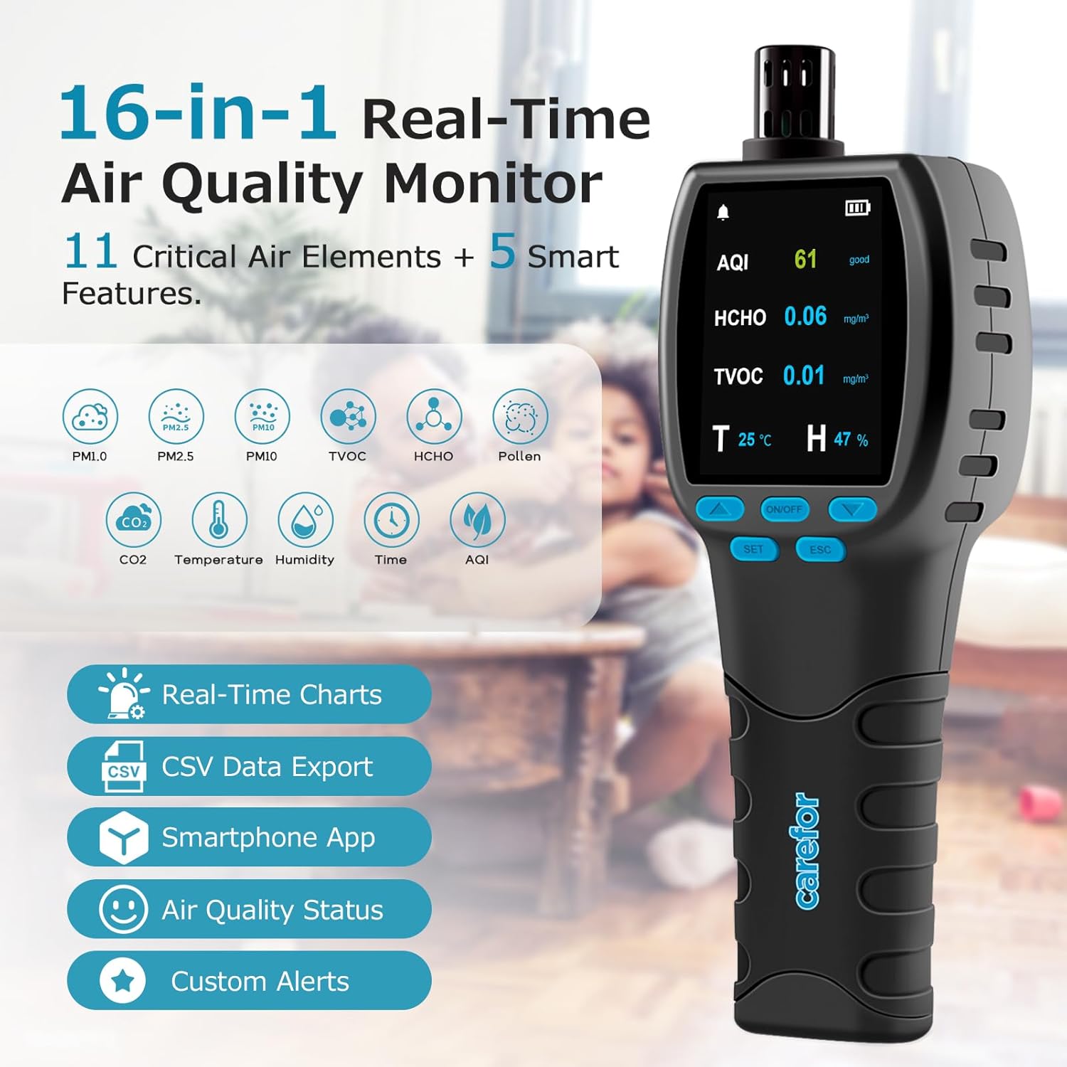 Verbessertes professionelles Luftqualitätsmessgerät CF-60 PP SMART, 16-in-1-CO2-Messgerät mit Echtzeit-Datenlogger, 24-Stunden-Bildschirmdiagrammen und CSV-Bericht für Zuhause, Schimmelprävention – Bild 2