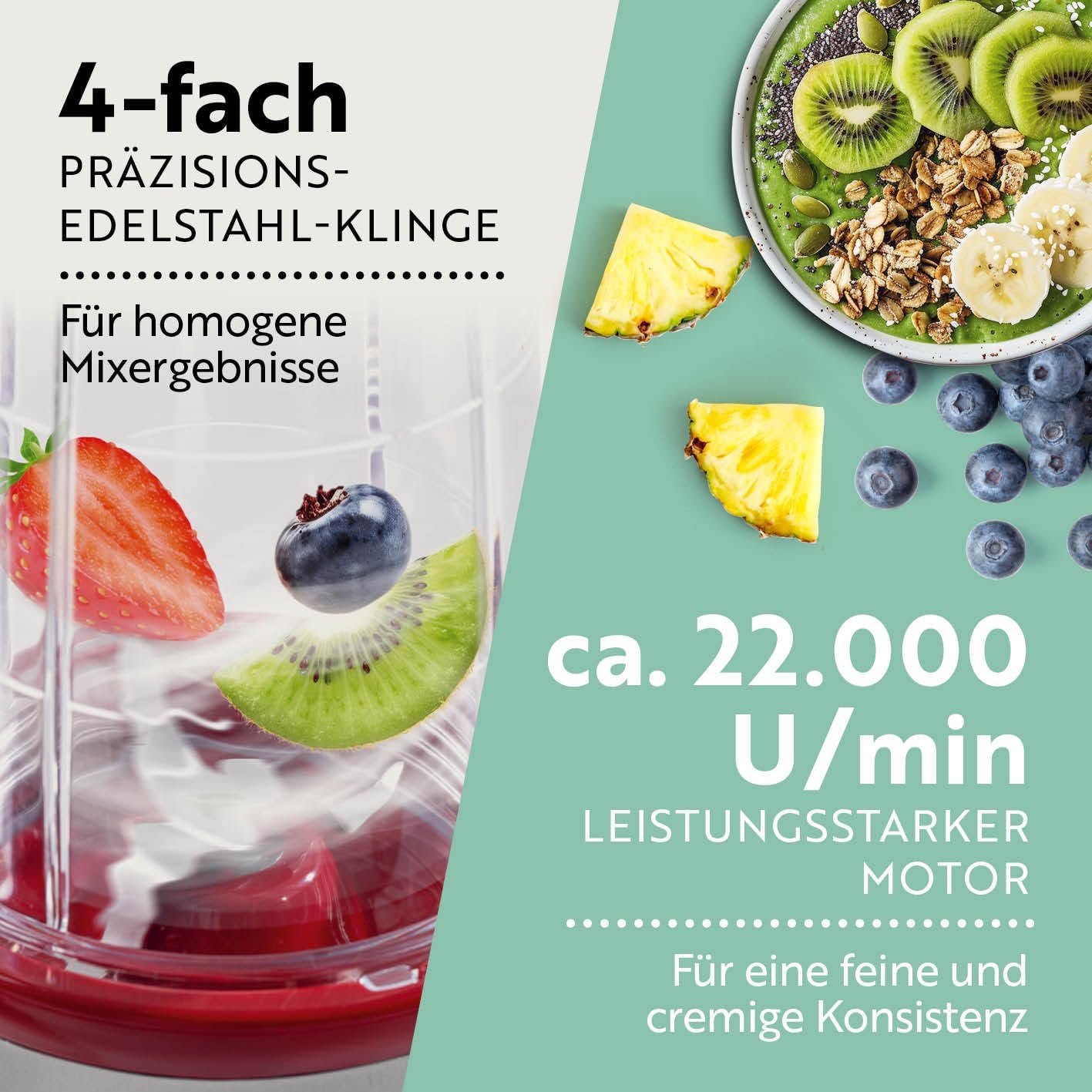 GOURMETmaxx Mr. Magic 4-teiliger Mixer, Smoothie-Maker mit 400-W-Power-Basis, inklusive Kreuzmesseraufsatz, 500-ml-Becher und To-Go-Deckel, kompakter Standmixer für Shakes und mehr – Bild 4