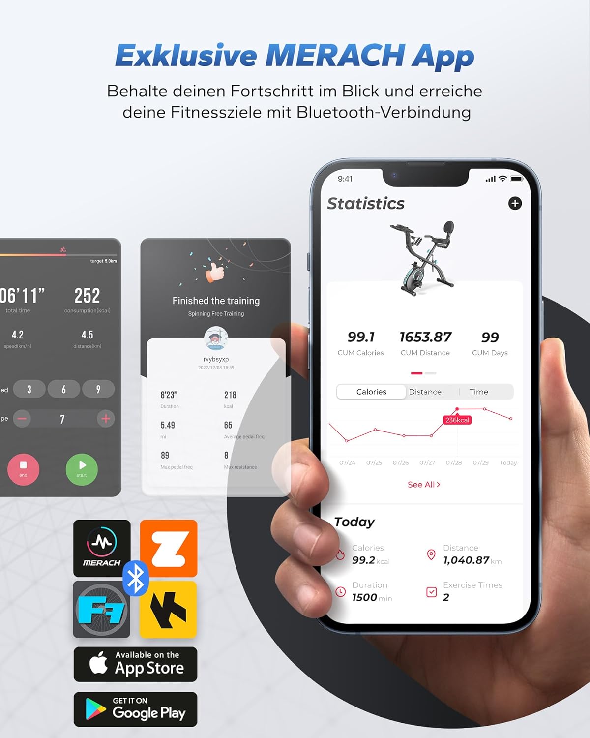 MERACH 4-in-1-Heimtrainer mit eigener Trainings-App, leises Heimtrainer-Fahrrad, 16-facher magnetischer Widerstand, LCD-Display, Handpulsmessung, faltbarer Heimtrainer, bequemer Sitz, Widerstandsband – Bild 2