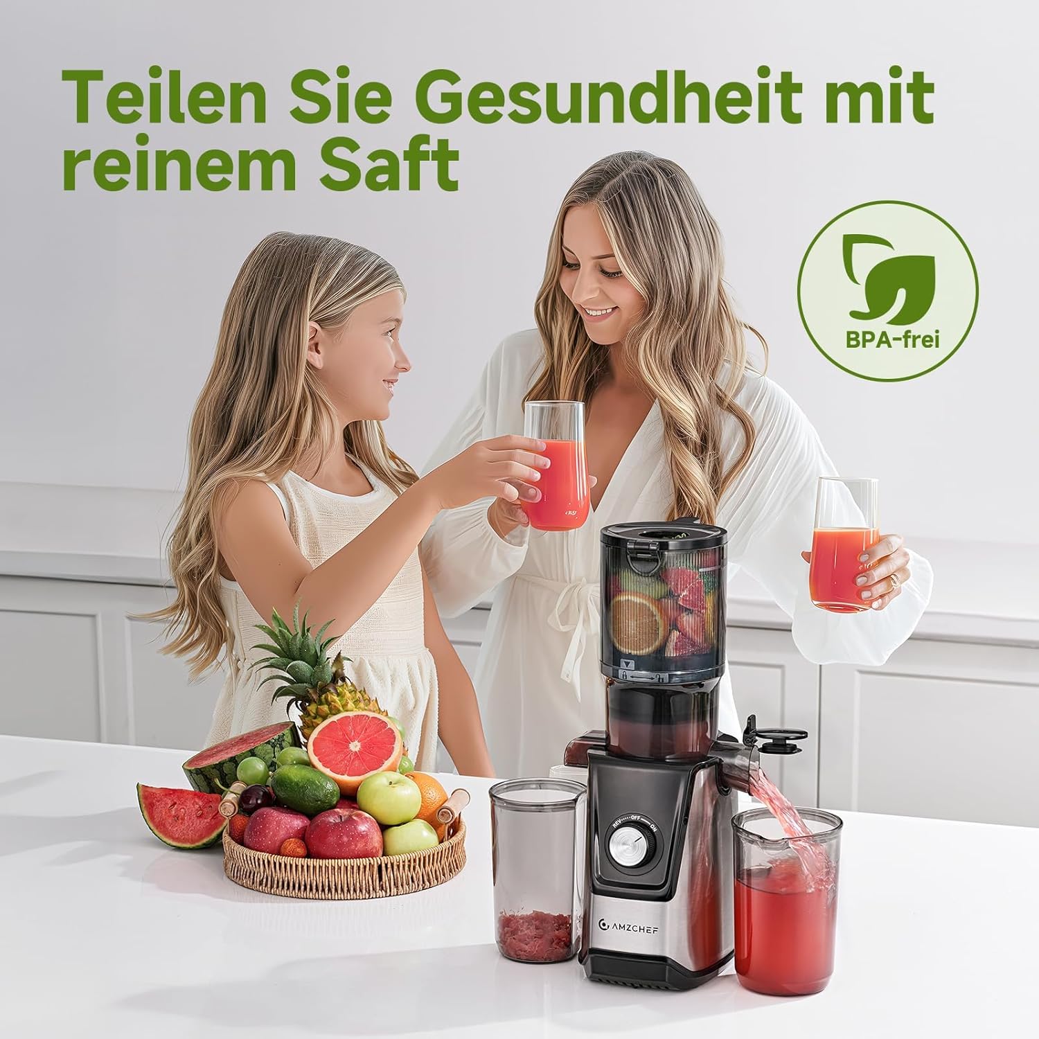 AMZCHEF Slow Juicer Entsafter mit 118 mm großer Einfüllöffnung für ganze Früchte und Gemüse, 180 W Kaltentsafter, leicht zu reinigen, Silber – Bild 8