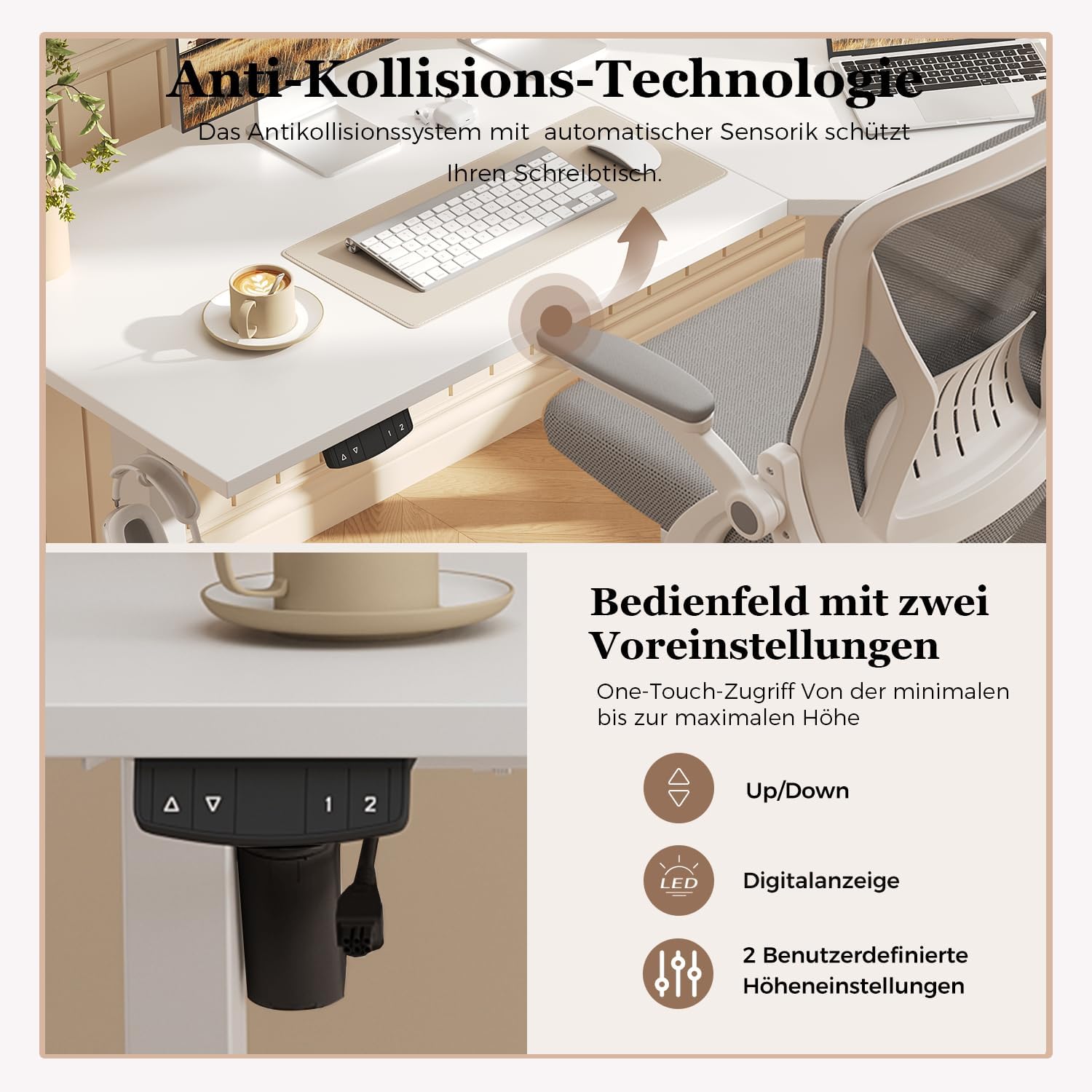 Klicelor Höhenverstellbarer Schreibtisch 160 x 90 cm, elektrischer Stehsitz, Bürotisch, Computertisch mit 2 Memory-Funktionen, Stehpult, für Homeoffice und Büro, weiß – Bild 4
