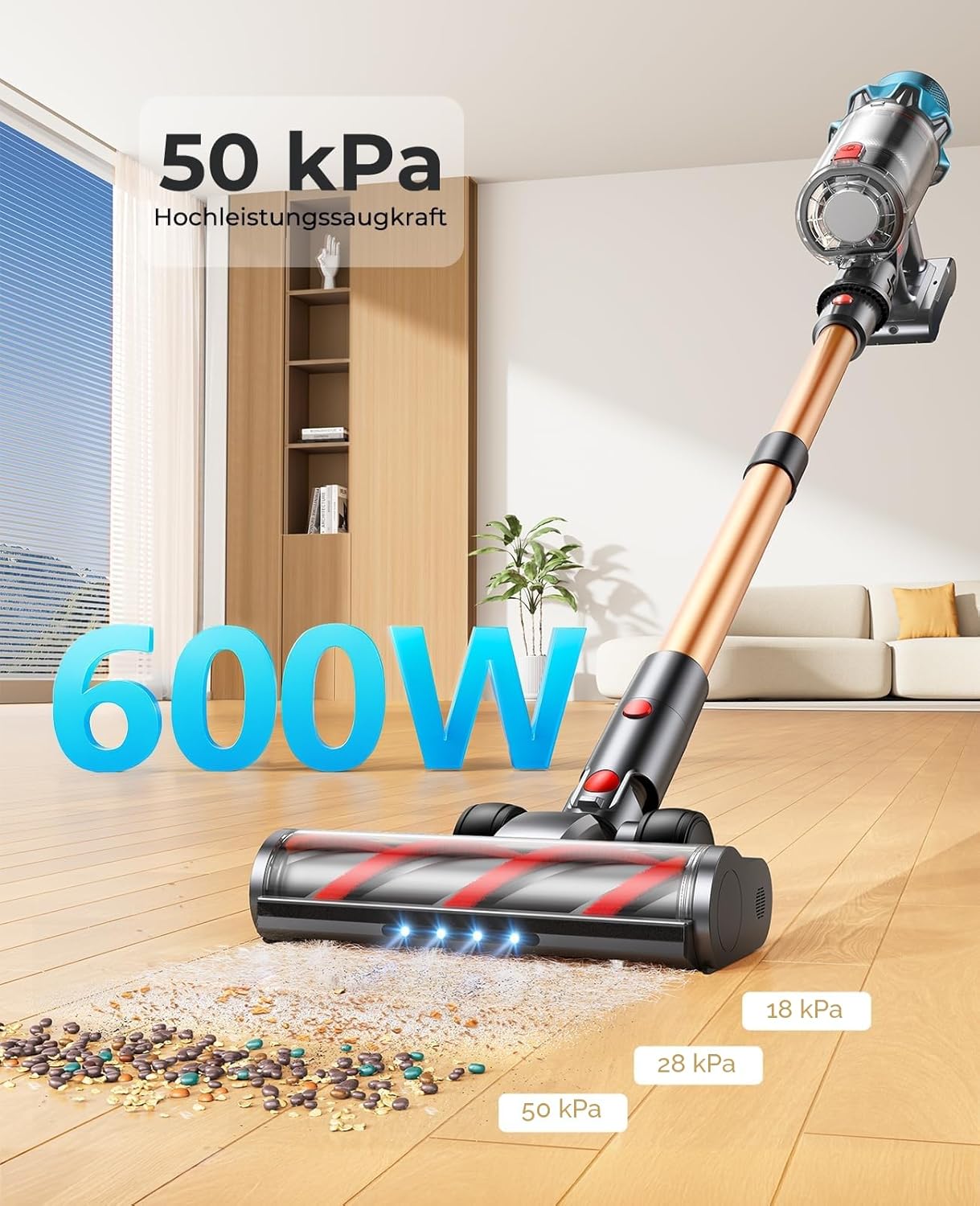Fieety Akku-Staubsauger, 50 kPa/600 W starkes Vakuum, 65 Min., 1,6 l beutellos, 8-in-1 mit Anti-Haarwickel, Sofabürste & Ladestation, ideal für Tierhaare, Teppiche, Hartböden, Auto – Bild 2
