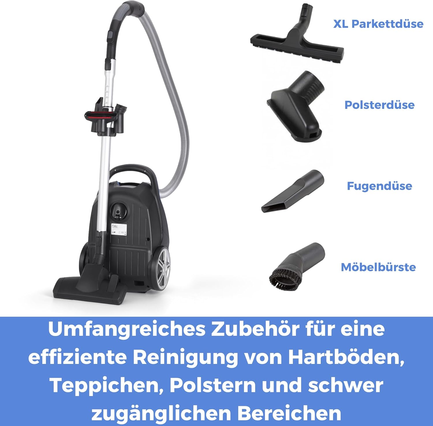 Fakir Blue Vac Power TS 721 Staubsauger mit Beutel 800 W, Bodenstaubsauger mit Kabel, HEPA H14 Filter, sehr leiser Hochleistungsmotor 69 dB(A), großer 3 L Staubbeutel & 12 m Aktionsradius, Schwarz/Blau – Bild 7