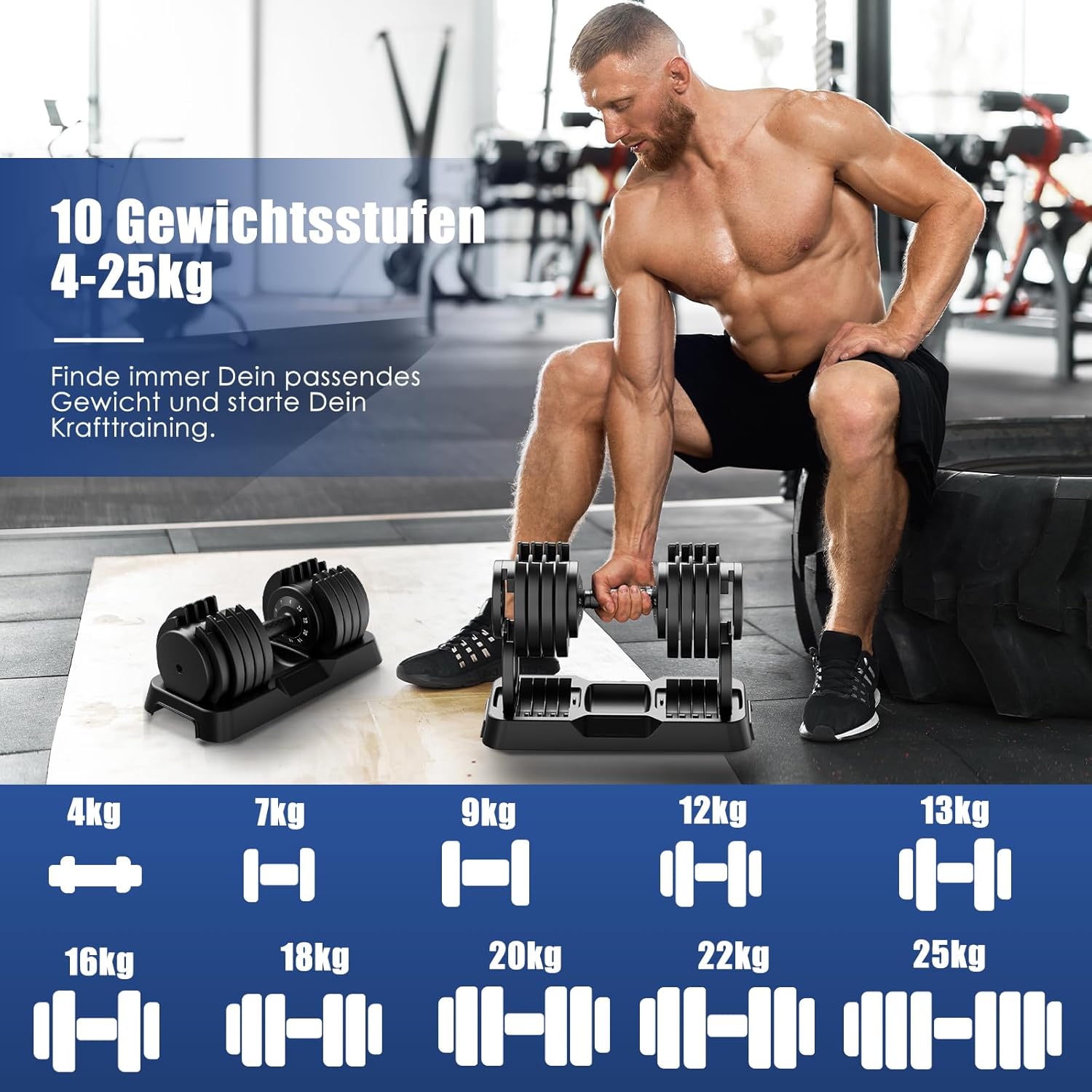 DH FitLife 12 kg / 25 kg verstellbare Kurzhanteln 2,5-12 kg / 4-25 kg mit 10 Gewichtsstufen, Kurzhantel-Set mit Hantelscheiben, variable Gewichte 10 in 1 – Bild 3