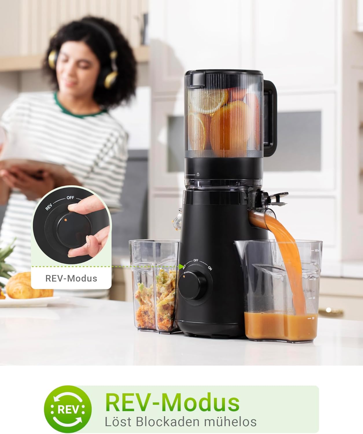 TUUMIIST Slow Juicer mit 135 mm extra großem Einfüllschacht, Entsafter Gemüse und Obst, Testsieger, anwendbar für ganzes Obst und Gemüse, leicht zu reinigen, hohe Saftausbeute, schwarz glänzend – Bild 7
