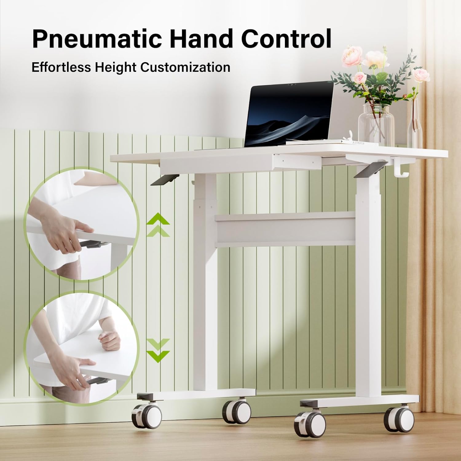 Computertisch, pneumatisch höhenverstellbar (88 x 50 cm), Laptoptisch mit Rollen und Schublade, Überbetttisch, Stehsitzschreibtisch für Büro, Wohnzimmer, Schlafzimmer, kleine Räume, Weiß – Bild 4