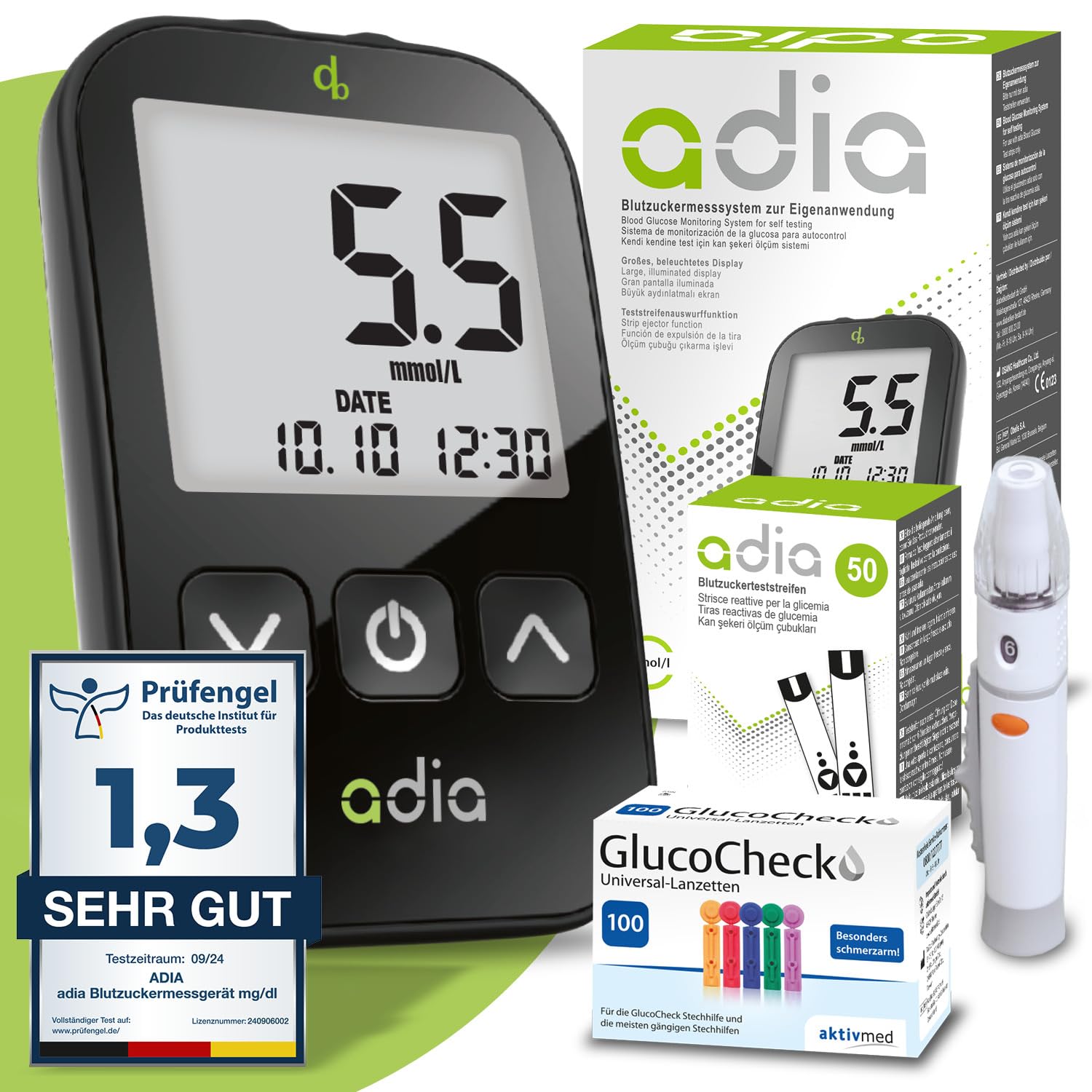 Komplettset adia Blutzuckermessgerät (mmol/L) + 60 Blutzucker-Teststreifen + 110 Lanzetten, 1 Stechhilfe, 1 Etui, zur Blutzucker-Selbstkontrolle zu Hause