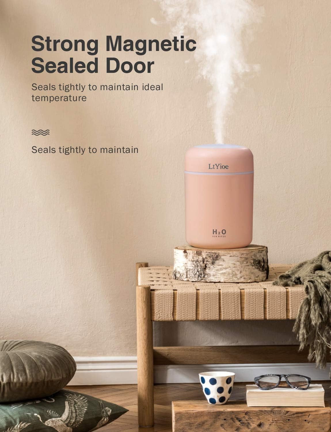 LtYioe Luftbefeuchter, persönlicher Desktop-Mini-Luftbefeuchter mit bunter, kühler Nachtlichtfunktion, automatischer Abschaltung und superleise für Auto, Büro, Schlafzimmer (Pink) – Bild 3