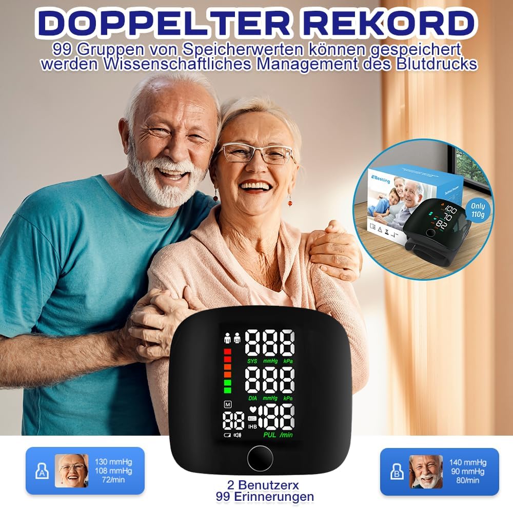 Handgelenk-Blutdruckmessgerät, digitales Blutdruckmessgerät Handgelenk mit 99 x 2 Lesespeicher, automatische Sprachausgabe, automatisches Handgelenk-Blutdruckmessgerät mit LCD-Bildschirm – Bild 6