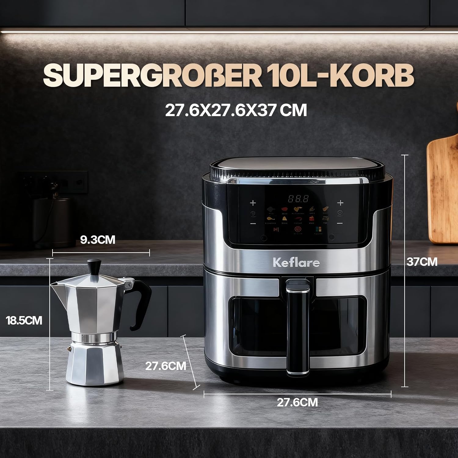 Air Fryer Oven Heißluftfritteuse 10L groß, Airfryer 2100W für Familie, mit Touchscreen & 10 Automatikprogrammen, max 200°C, Edelstahlgehäuse – Bild 9