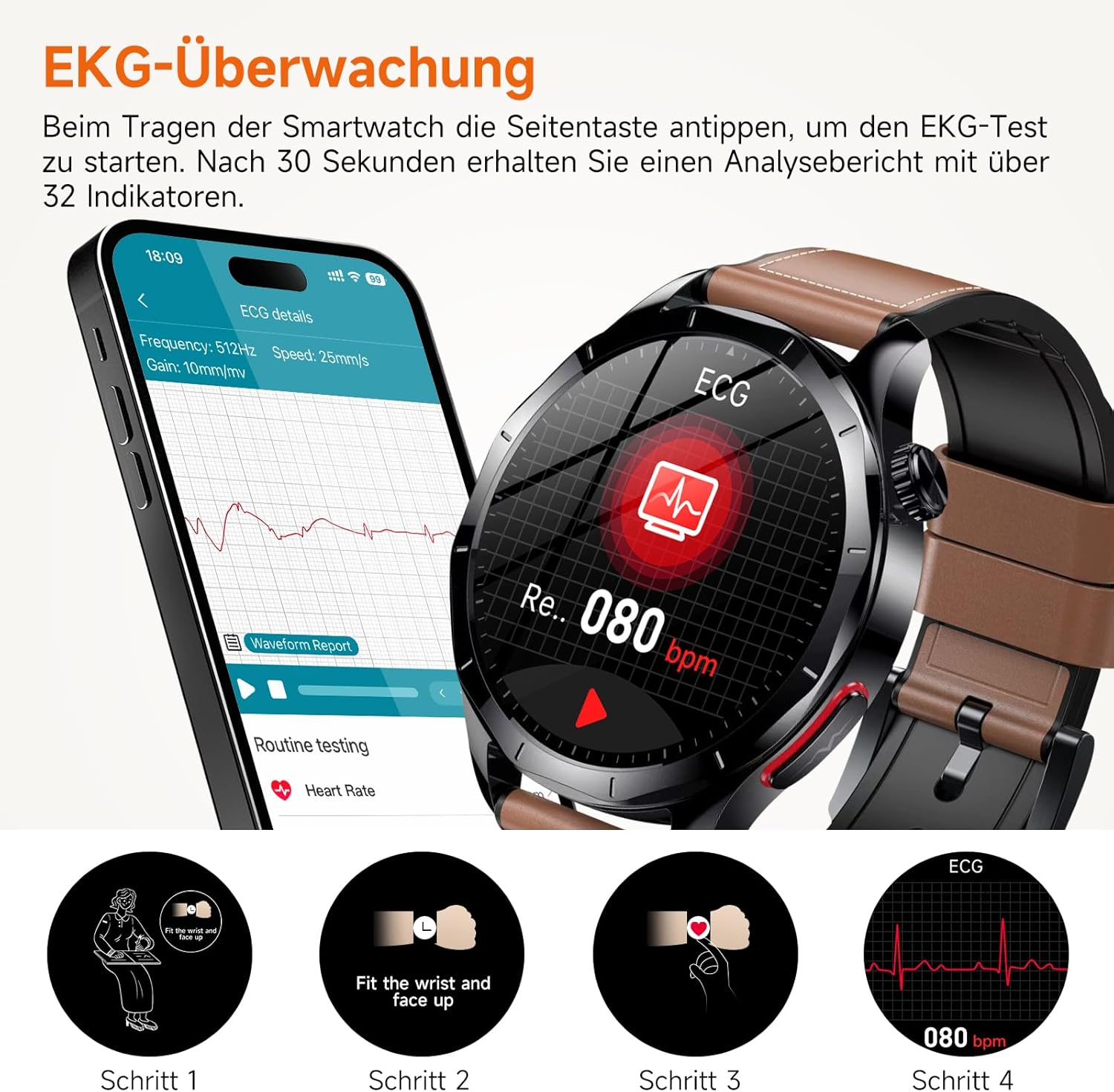 2026 Herren Smartwatch mit EKG/HRV/BMI/Harnsäure, 1,43 Zoll AMOLED Gesundheitsuhr mit 24H SpO2 Apnoe Schlafmonitor SOS Notruf Fitnessuhr Android/iOS (Braunes Leder) – Bild 2