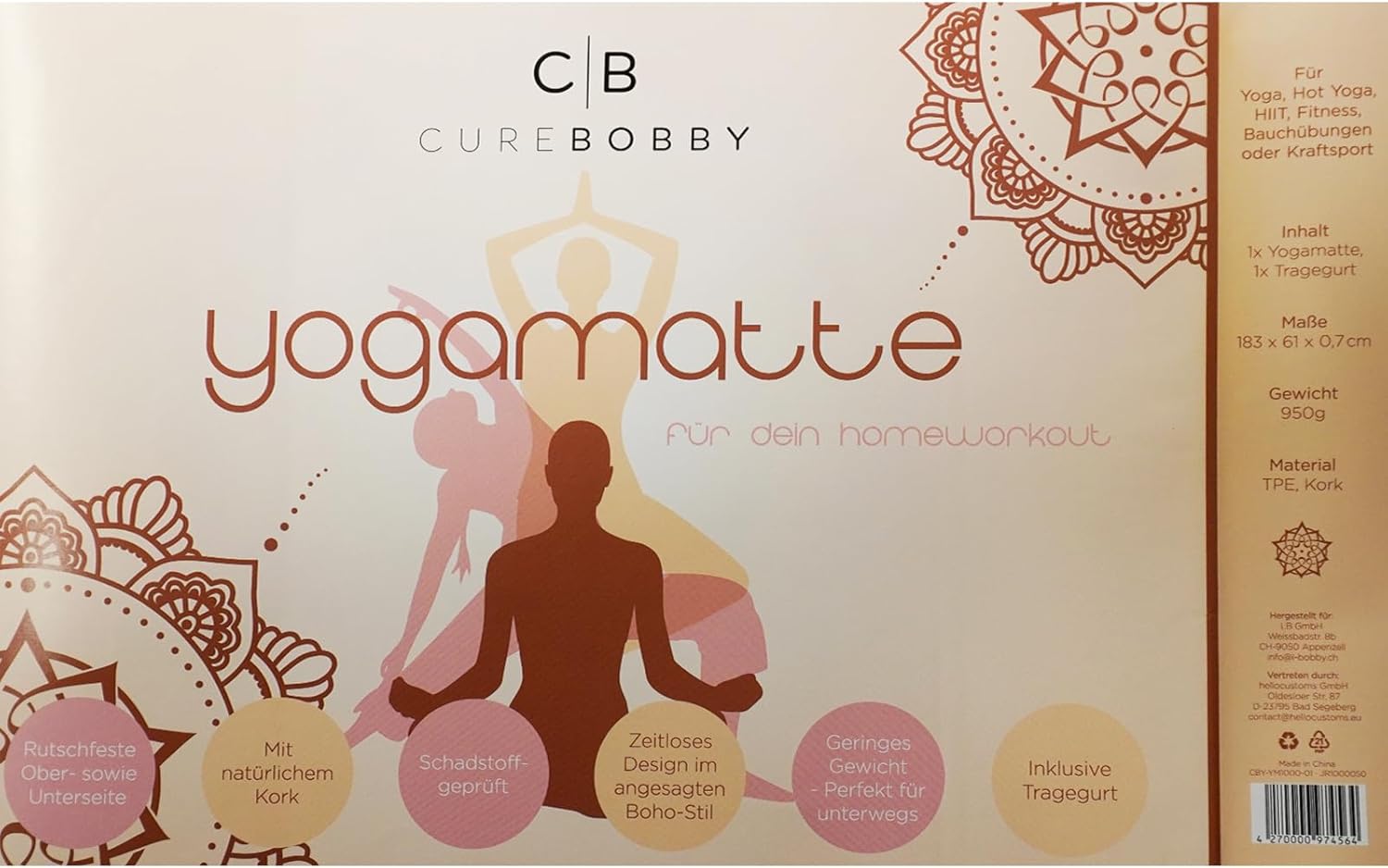 Yogamatte aus Kork & TPE – Rutschfeste Trainingsmatte mit Ausrichtungslinien – Nachhaltig, gelenkschonend & umweltfreundlich – inklusive Tragegurt – 183 × 61 × 0,7 cm – Bild 7