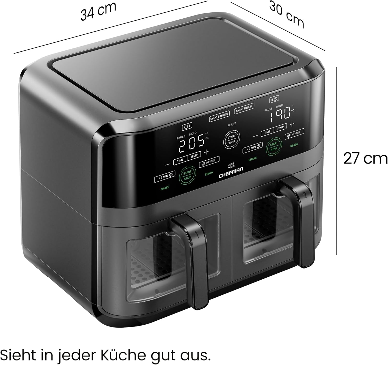CHEFMAN 5,6-Liter-Doppelkorb-Heißluftfritteuse mit Sichtfenster, Sync-Finish, Hi-Fry, automatische Abschaltung, spülmaschinenfest, 2100 W, digital, Schwarz – Bild 8
