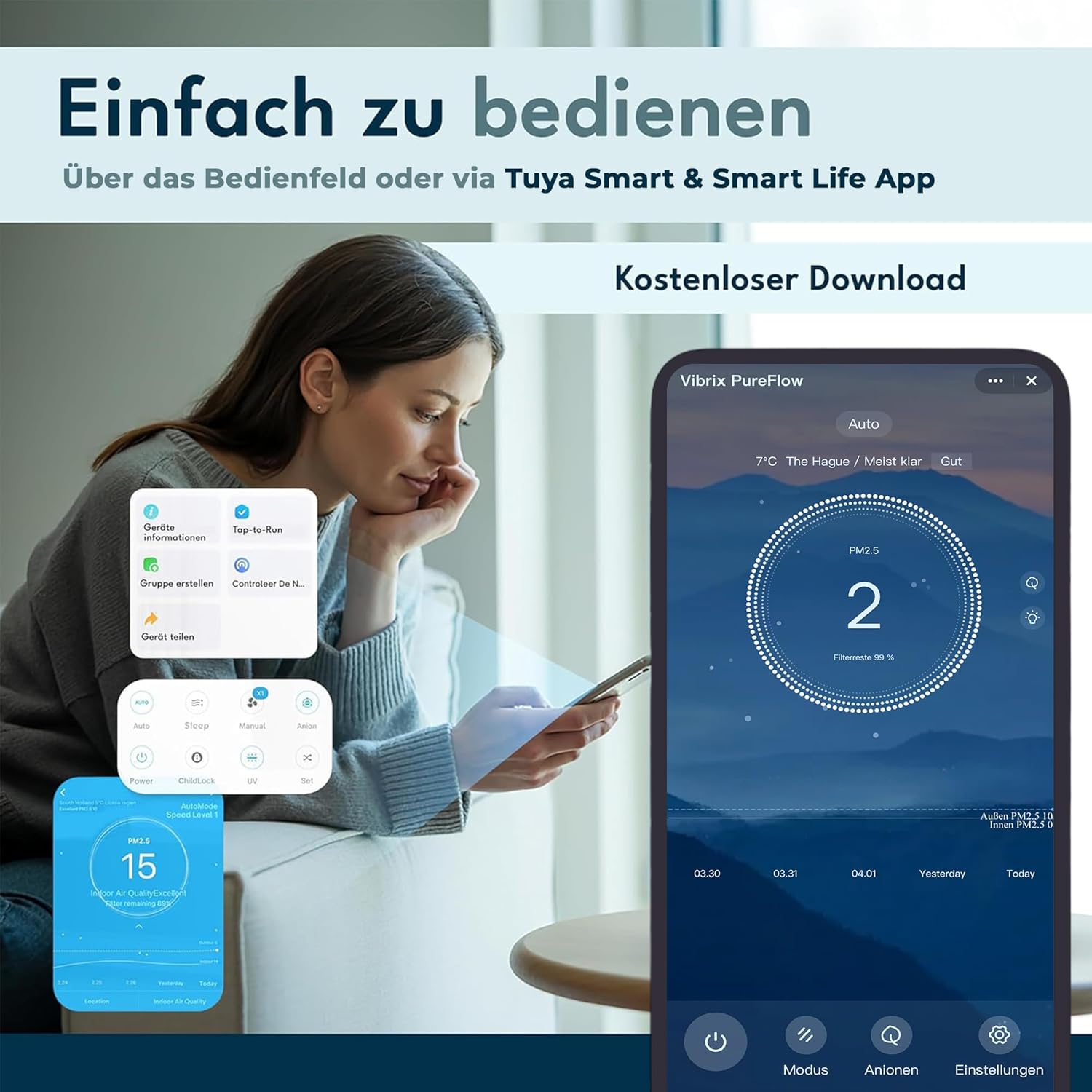 PureFlow15 Luftreiniger für Allergiker, 6-stufig mit HEPA H13 & Aktivkohle, entfernt 99,95 % Staub, Pollen & Tierhaare, CADR 100 m³/h, leise 25-50 dB, Schlafmodus, App & WLAN, USB-C, CE – Bild 7