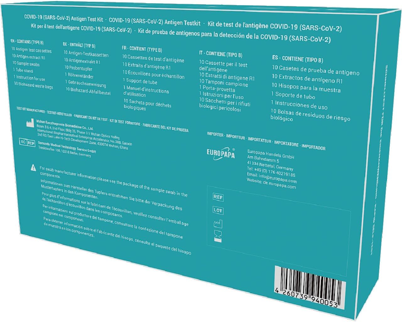 EUROPAPA® 10 x Corona Laientest Selbsttests, COVID-19 Antigentest, für SARS-CoV-2, Schnelltest, Testkassette, Probentupfer, Antigenextrakt, einzeln verpackt – Bild 2