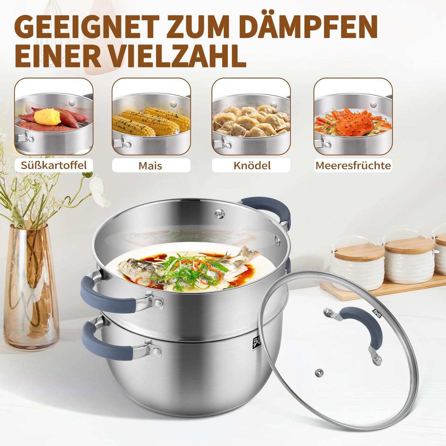 Dampfgarer mit Glasdeckel 24 cm, Edelstahl 5,3 l Dampftopf inklusive Dampfkorb, Induktionsdämpfer, Kartoffeldämpfer, Couscous-Topf, geeignet für Gemüse, Suppen, Knödel, Backofen und Spülmaschine – Bild 3