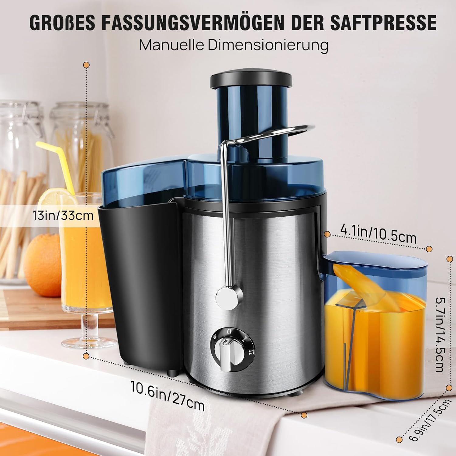 Entsafter für Obst und Gemüse aus Edelstahl, elektrischer Entsafter, Extraktor, maximale Leistung 1000 W, Zentrifuge, 65 mm Einfüllöffnung und 2 Geschwindigkeiten, Anti-Tropf-Funktion und Überhitzungsschutz – Bild 8