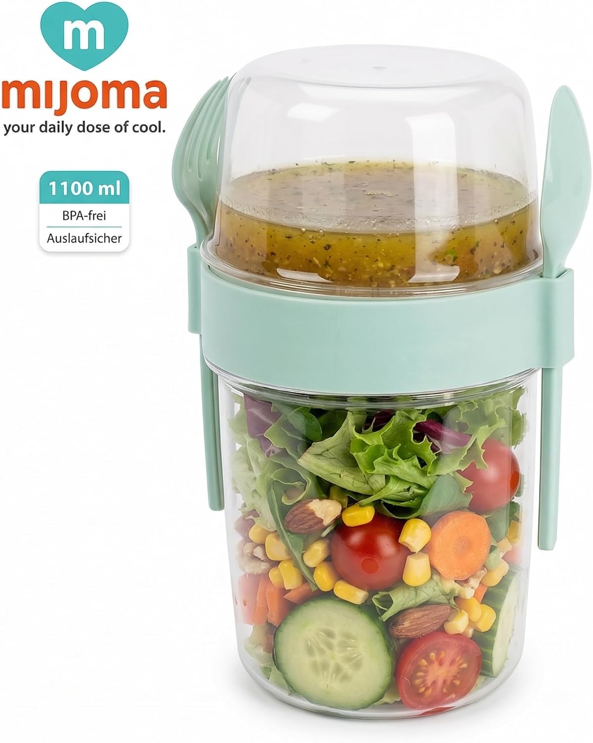 MIJOMA Salat-To-Go-Becher mit Besteck 1100 ml, auslaufsicher, BPA-frei – Meal-Prep-Behälter mit extra Fach für Dressing & Toppings – Salatbox für Reisen & Büro (Mintgrün) – Bild 7
