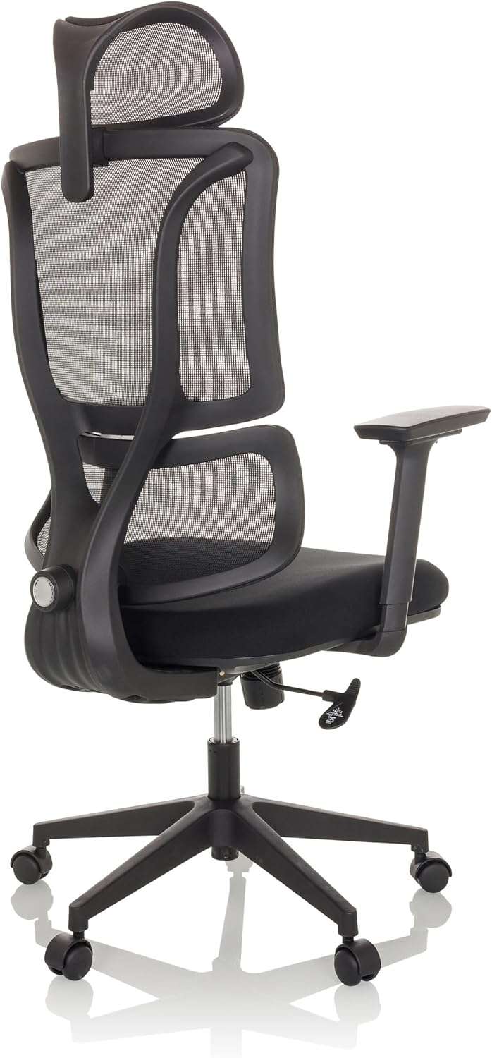 Ergomy Ergonomischer Bürostuhl mit Lordosenstütze, Kopfstütze, Chefdrehstuhl mit Netzrückenlehne, Stoff, Schwarz – Bild 8