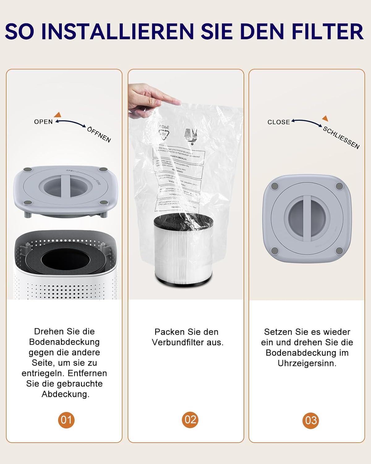 Luftreiniger für große Schlafzimmer bis 70 m² mit CADR 223 m³/h, leiser H13 HEPA-Luftreiniger mit 15 dB Schlafmodus, 3-in-1-Filter entfernt 99,97 % Pollen, Staub, Tierhaare, Gerüche (weiß) – Bild 8