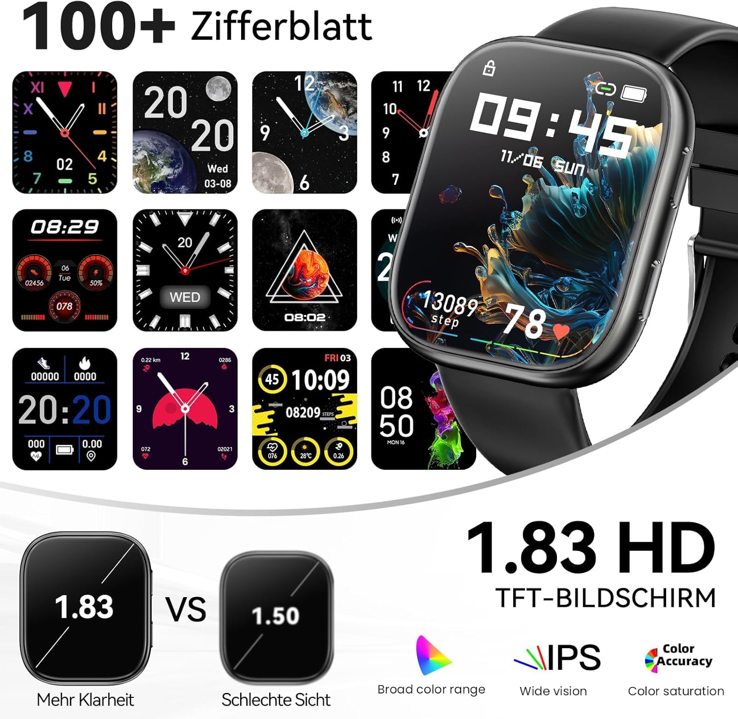 Smartwatch Damen Herren, 1.83" HD Fitnessuhr mit Telefonfunktion, Fitness Tracker mit SpO2 Pulsmesser Schlafmonitor Schrittzähler, 110+ Sportmodi Sportuhr, IP68 Wasserdicht Smart Watch für Android iOS – Bild 2