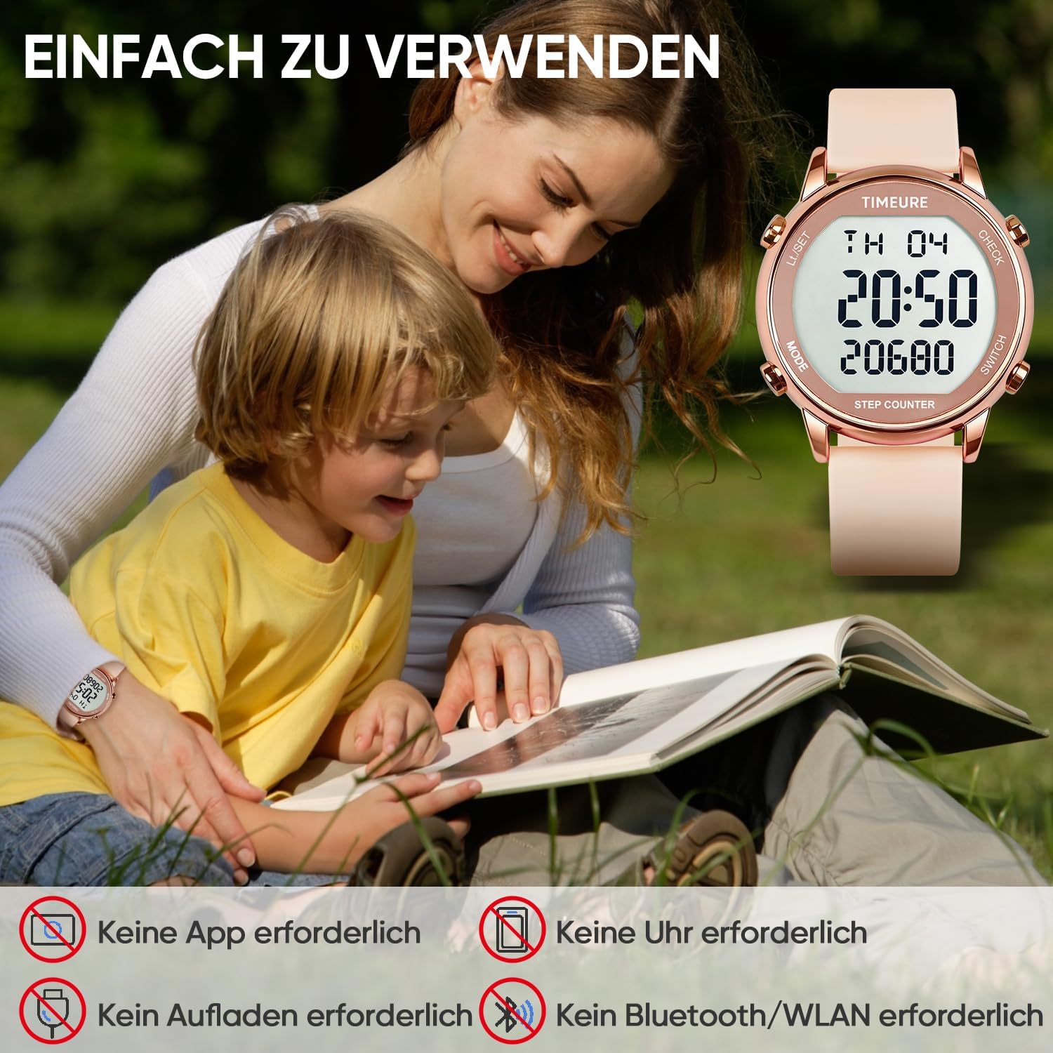 TU-2509 Schrittzähler-Uhr für Damen, Schrittzähler zum Gehen, keine App/Telefon erforderlich, wasserdichter Fitness-Kalorien-Tracker, Entfernungsmessung, Alarm, großes digitales Display, Uhr, TU-2509 – Bild 3