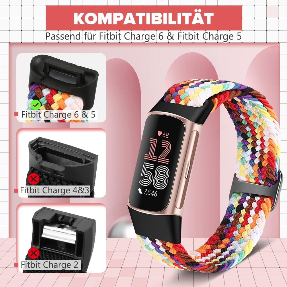 Elastisches geflochtenes Armband, nur kompatibel mit Fitbit Charge 6/Fitbit Charge 5, verstellbare Solo-Schlaufe, dehnbares Ersatzarmband aus Nylongewebe für Fitbit Charge 6/Charge 5 Damen Herren – Bild 5