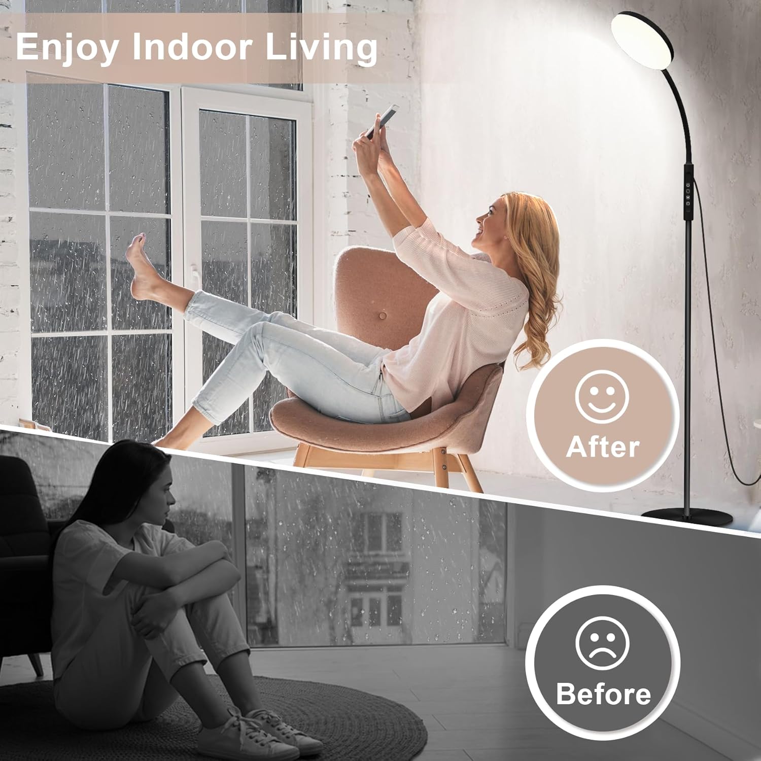 Mojimdo Stehlampe 20000 Lux Tageslichtlampe – Flexible, dimmbare LED-Lichttherapielampe mit 5 Farben, 10 Helligkeitsstufen und Timer – Ideal für Schlafzimmer, Wohnzimmer und Büro – Schwarz – Bild 5