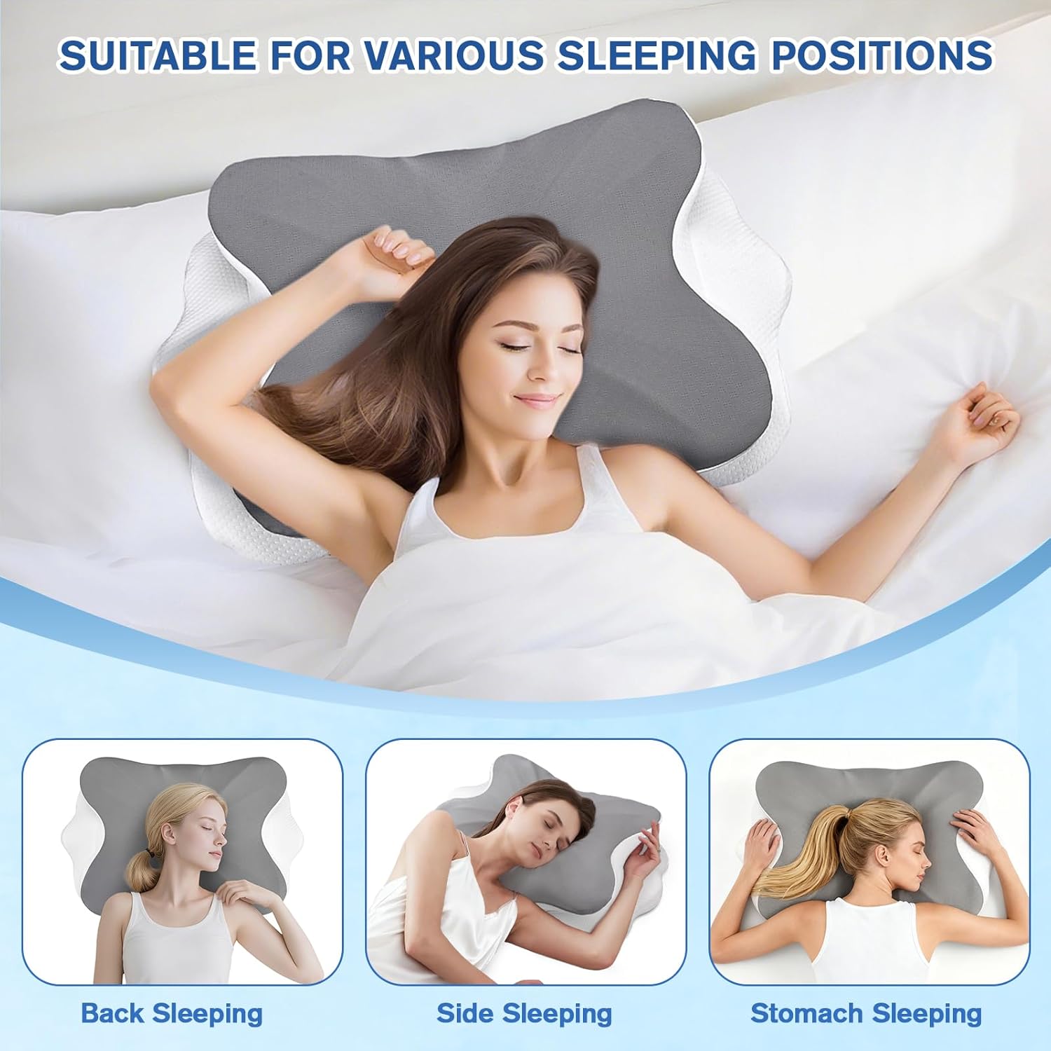 Uvellgift Ergonomisches orthopädisches Kissen, zervikales Memory-Schaum-Kissen gegen Nacken- und Schulterschmerzen, Nackenkissen mit abnehmbarem Bezug für Freunde und Eltern (grau) – Bild 5