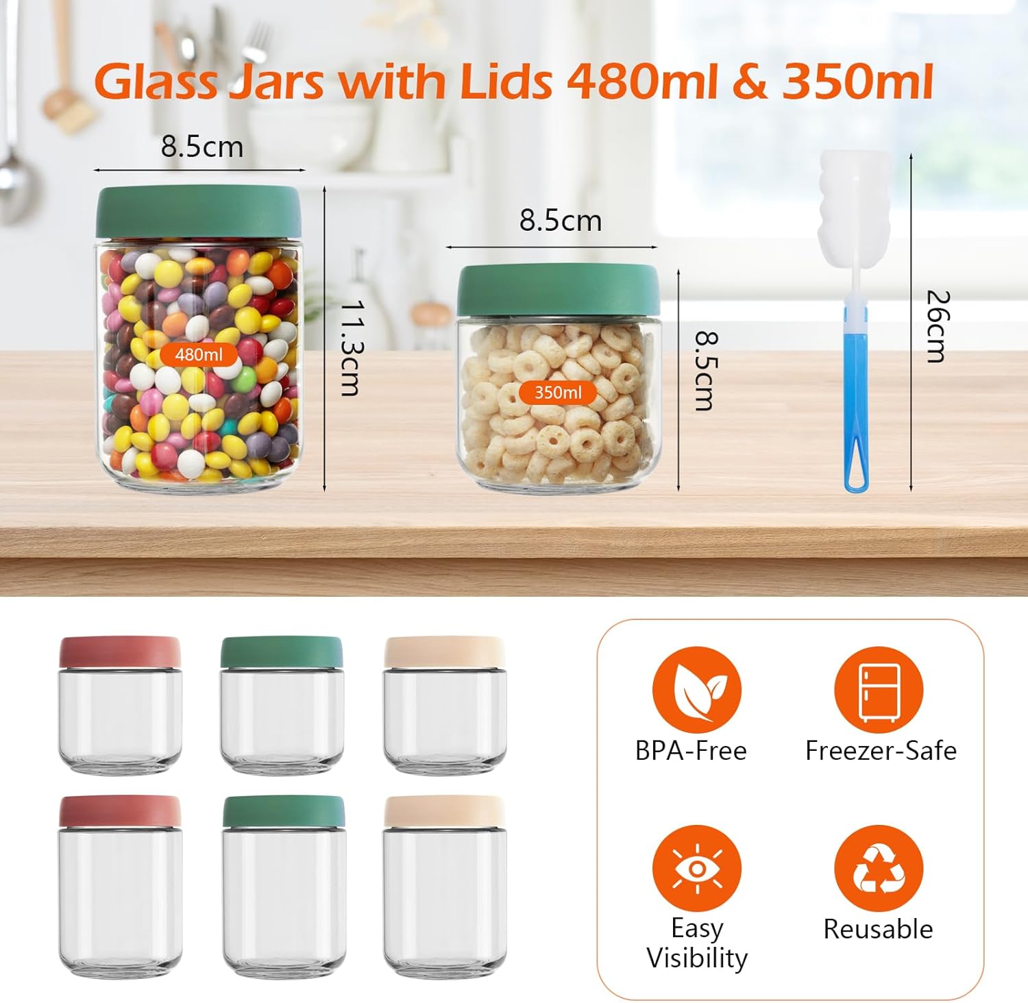 VINATO Meal-Prep-Gläser, 6er-Set mit Deckel, 3 x 480 ml + 3 x 350 ml Overnight Oats-Behälter, stapelbare Joghurtgläser aus Glas für Frühstück und Aufbewahrung – Bild 2