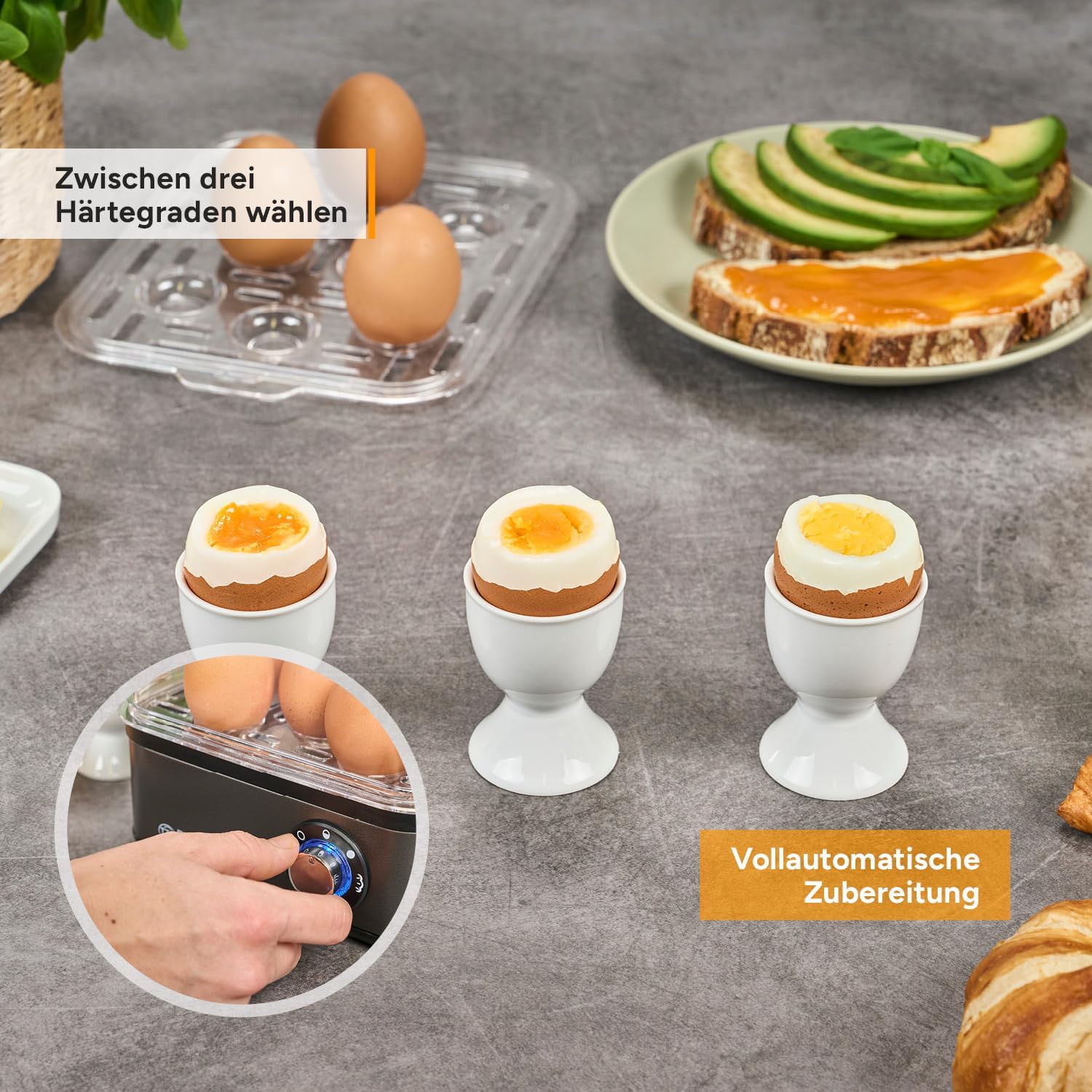 TZS First Austria Eierkocher Grau – 8 Eierkapazität – 4 Kochstufen inklusive Dampfgarfunktion – automatische Abschaltung mit Signalton – Trockengehschutz – Messbecher & Pochierschüssel – kompakt und leicht – Bild 4