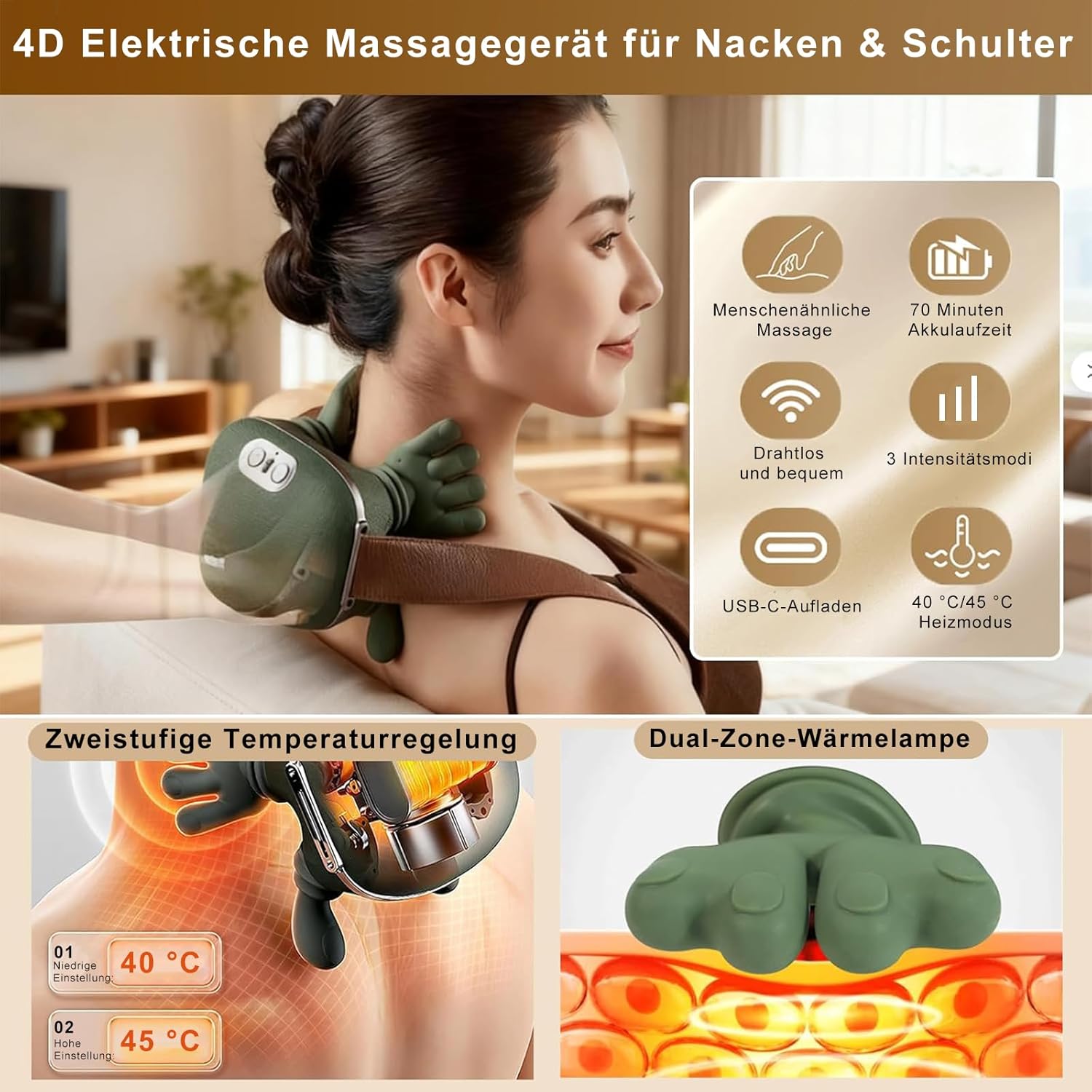 Massagegerät, 4D Bionic Hand-Nackenmassagegerät, elektrisches Shiatsu-Massagegerät mit Wärme, 3 Modi und 2 Wärmeeinstellungen, Tiefenmassage für Nacken und Schultern, lindert Muskelverspannungen und Müdigkeit – Bild 2