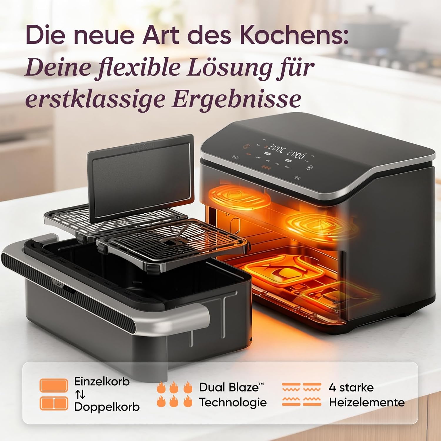COSORI Heißluftfritteuse 2 Kammern, Dual Blaze TwinFry 10L Airfryer, mit 4 Heizrohren und flexiblen Kammern, gleichmäßige Wärmeverteilung, Temperatur bis zu 240 °C, Schwarz, TF102S – Bild 2