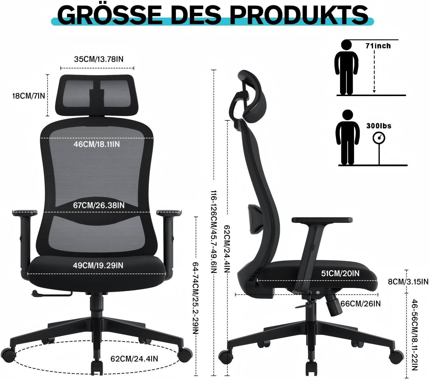 Ergonomischer Bürostuhl, Schreibtischstuhl mit verstellbaren Kopfstützen und Armlehnen, Drehstuhl mit 4 cm Schaumstoff-Lendenkissen, Bürostühle mit Netzbezug, für Home Office (schwarz) – Bild 2