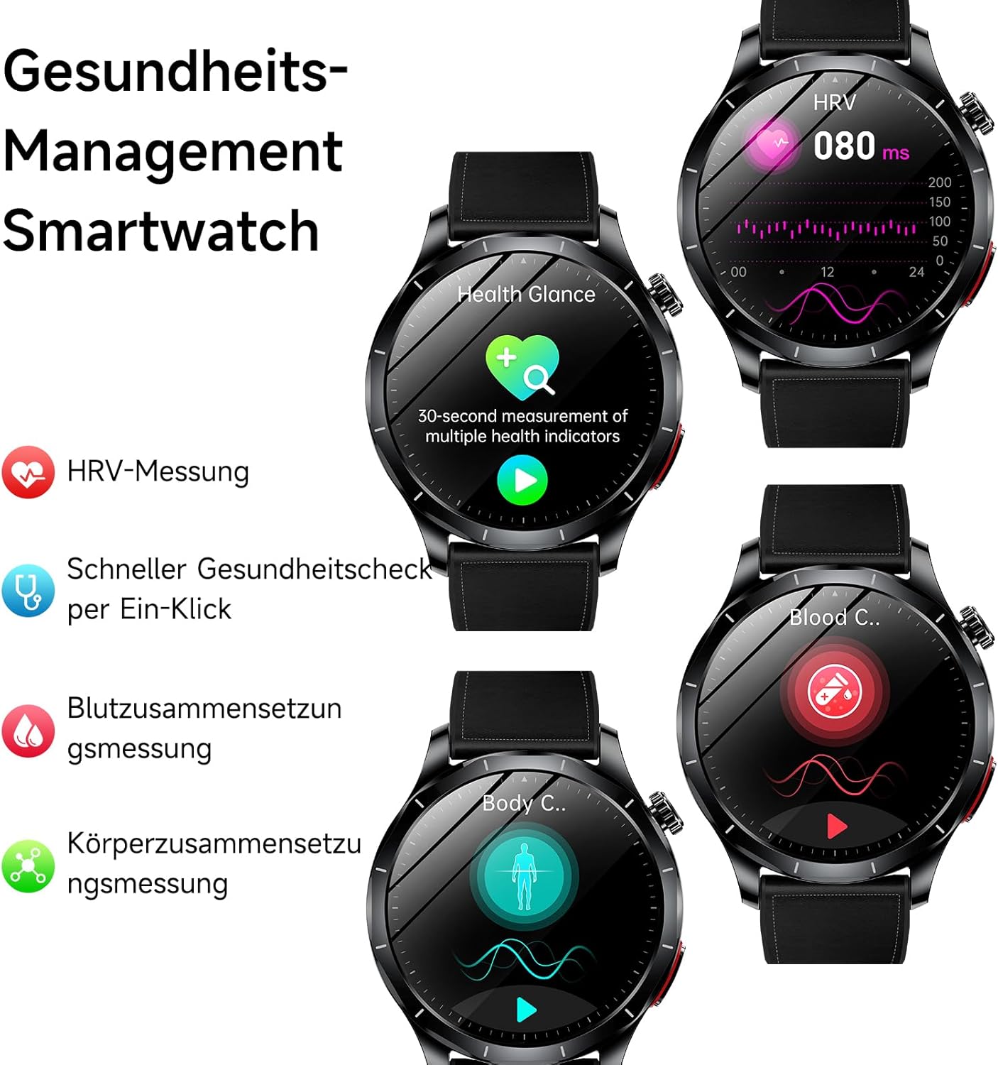 Herren-Smartwatch mit EKG + HRV/B-Druckmessung/Harnsäure/BMI, 1,43 Zoll AMOLED-Gesundheitsuhr mit SOS-Notruf, 24/7 Herzfrequenz-/Apnoe-/Schlafmonitor/SpO2, Android/iOS (schwarzes Leder) – Bild 3