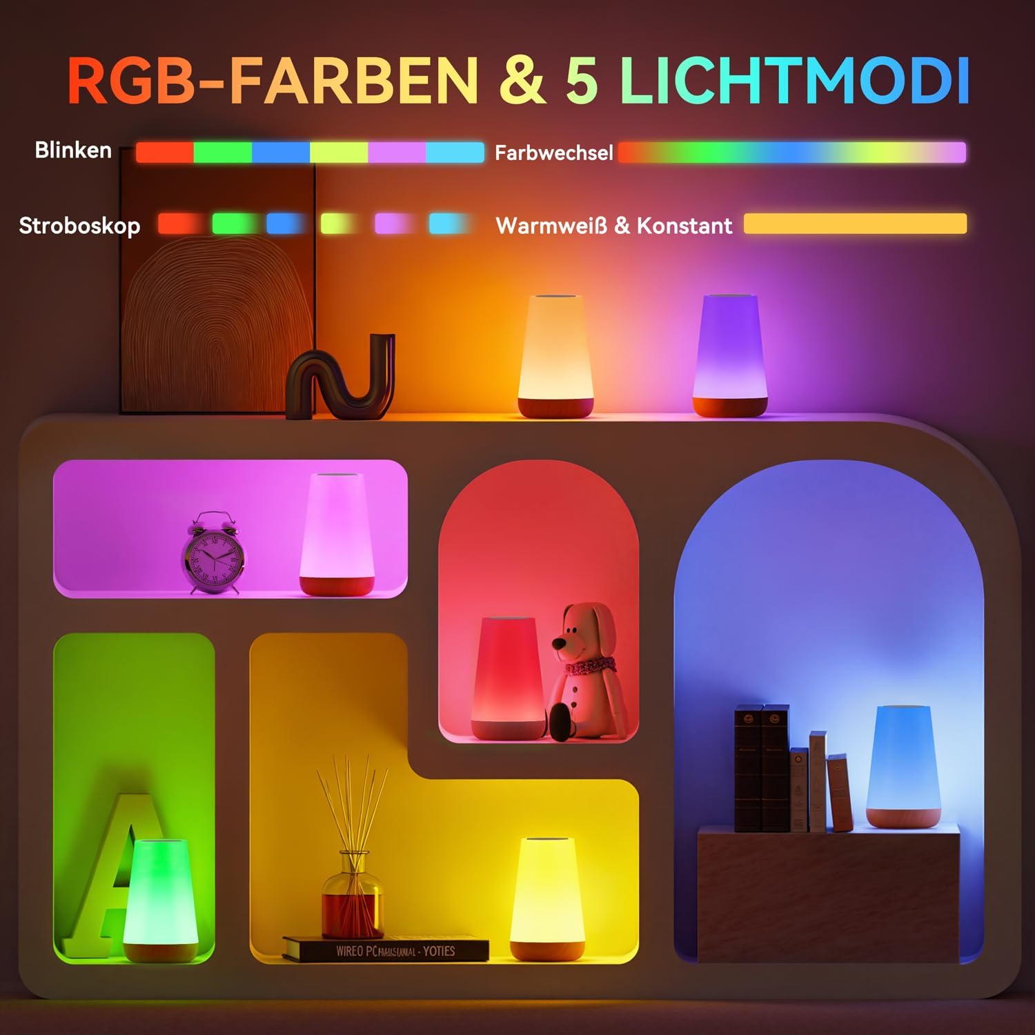 Auxmir Nachttischlampe, Nachtlicht, Touch-dimmbar mit 13 Farben und 4 Modi, LED-Tischlampe, USB wiederaufladbar mit Fernbedienung, Nachtlampe mit Timing-Funktion für Schlafzimmer, Wohnzimmer, Licht – Bild 4