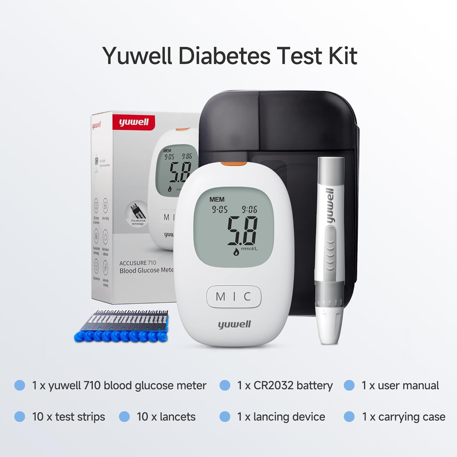 yuwell Blutzuckermessgerät-Set mit 10 Teststreifen und 10 Lanzetten, inklusive Batterien (Modell 710) – Bild 5