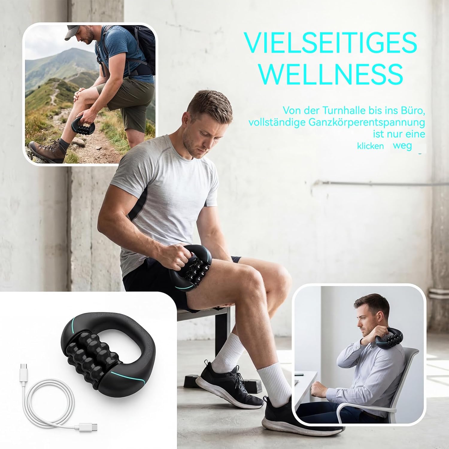 Elektrisches Handmassagegerät mit Rädern – Massagerolle, Tiefengewebsmassage, 3 Intensitätsstufen & wiederaufladbar für Muskelentspannung, ergonomischer Mehrfachgriff, Geschenkauswahl (B) – Bild 4