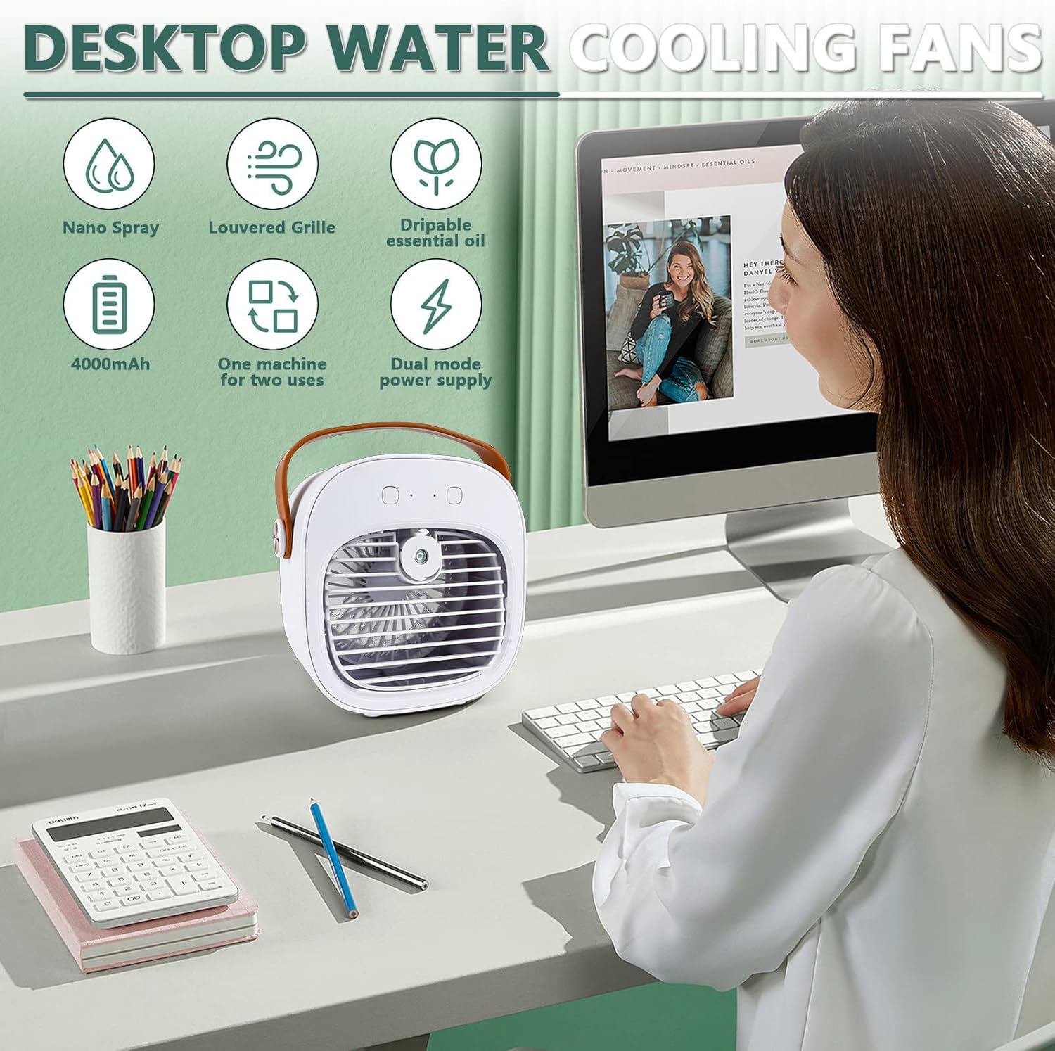Tragbarer Luftkühler, Mini-Klimaanlage, kleiner 2-in-1-Verdunstungskühler mit Griff/Luftbefeuchter/3 Geschwindigkeiten, Desktop-Eiswürfel-Lüfter für Büro und Schlafzimmer – Bild 7