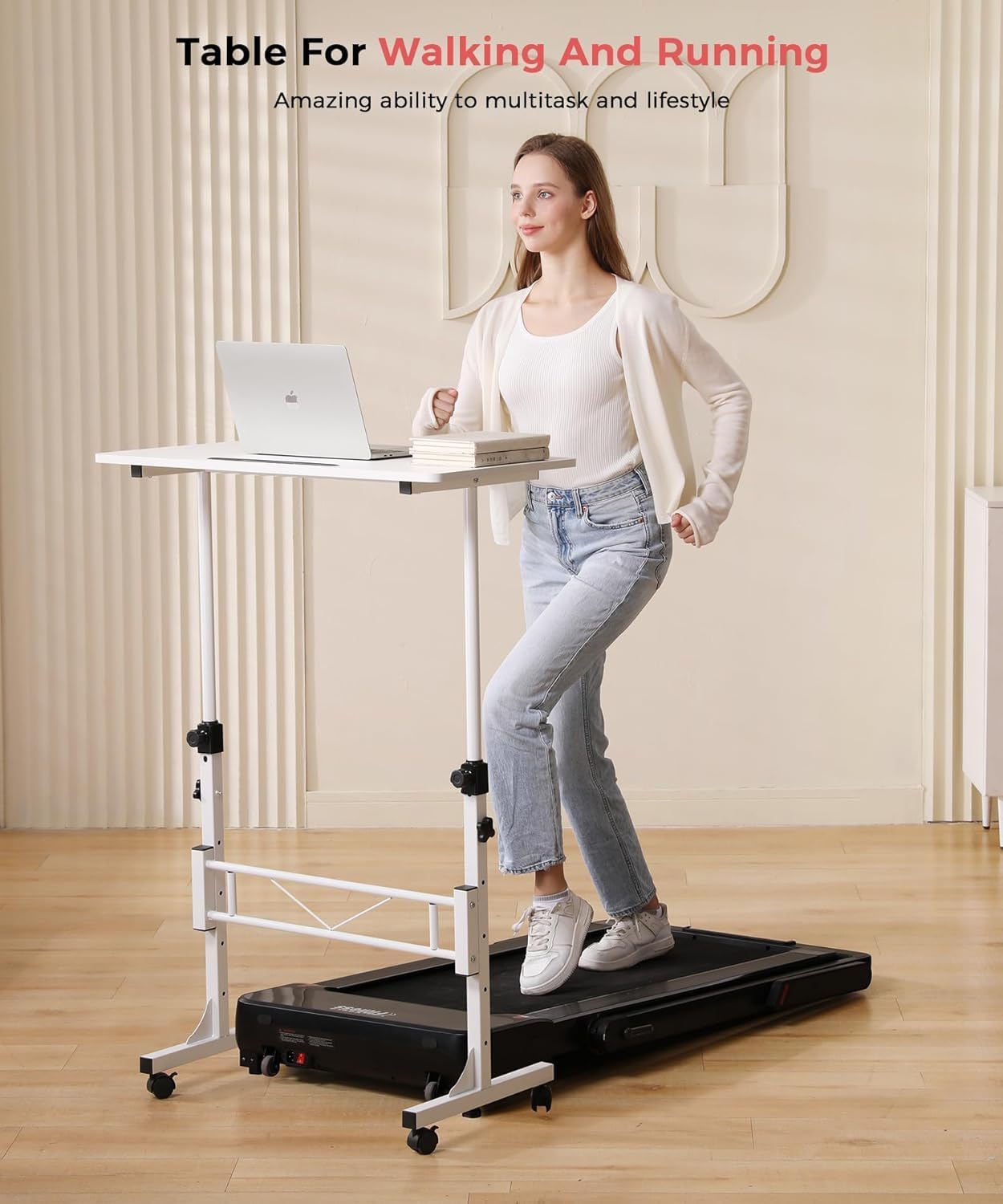 KLSMYHOKI Höhenverstellbarer Schreibtisch mit Rollen, Steh-Sitztisch für das Heimbüro, mobiler Computertisch, weißer Stehschreibtisch, kompatibel mit Laufband und Gehpad, 80 cm x 40 cm, Höhe 70–110 cm – Bild 6