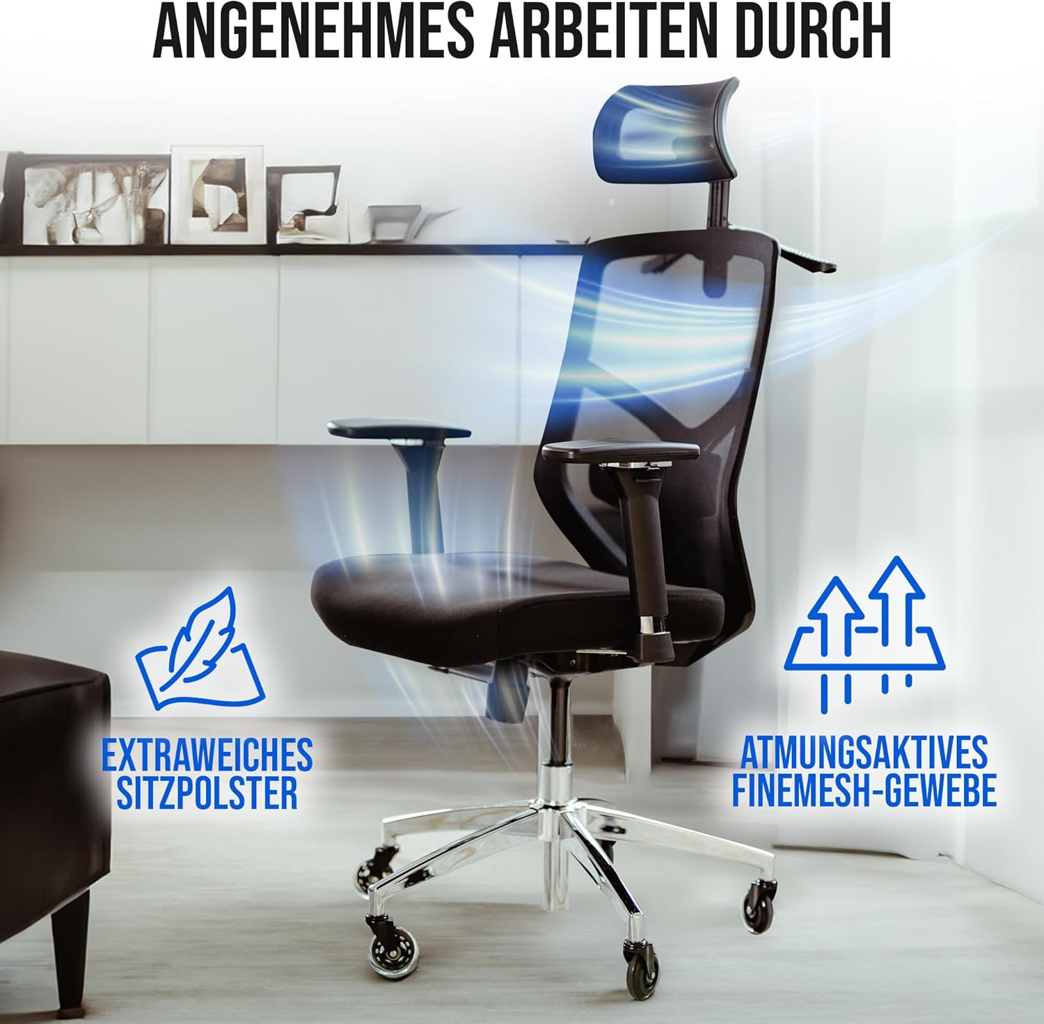 ELITESEATS Ergonomischer Bürostuhl (Testsieger), kratzfreie Rollen, atmungsaktiv, ergonomischer Schreibtischstuhl, Bürostuhl, 150 kg belastbar, Computerstuhl, Drehstuhl, Heimbürostuhl, ergonomisch – Bild 7