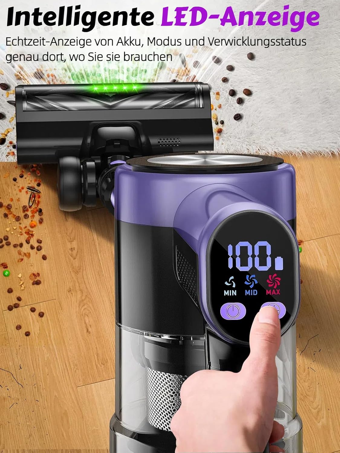 Akku-Staubsauger 48 KPa/500 W/55 Min. Laufzeit, kabelloser Staubsauger mit wandmontierter Ladestation, selbststehend, LED-Display, Anti-Tangle-Bürste, für Tierhaare, Teppiche & Hartböden, Lila – Bild 4