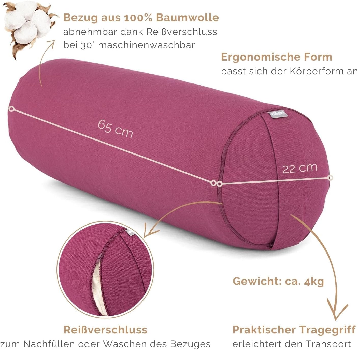 Bodhi Yoga Bolster Rolle Durchmesser 22 cm | Yogarolle mit Bio-Dinkelfüllung | Yogakissen für restauratives und Yin-Yoga | Waschbarer Bezug aus Baumwolle | Pilateskissen mit Tragegurt – Bild 3