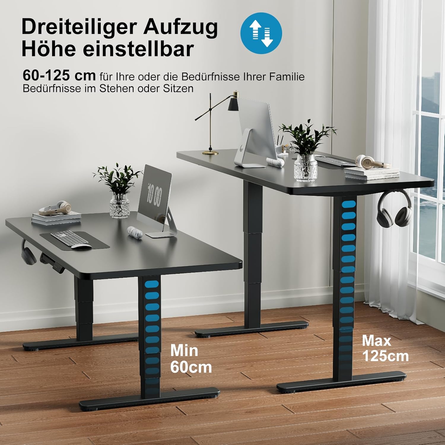 Devoko 3-stufig höhenverstellbares Schreibtischgestell mit 2 leistungsstarken Motoren, Tischgestell höhenverstellbar elektrisch 60-125 cm, Tischbeine höhenverstellbar mit 3 Memory-Steuerungen, Schwarz – Bild 6