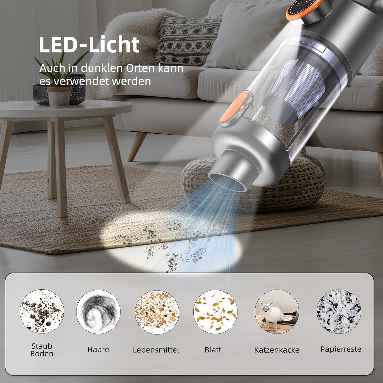 Handstaubsauger, 26000 Pa 4-in-1 Auto Staubsauger Stark, One-Touch Staubentleerung, Bürstenloser Motor, HD Display und LED Beleuchtung, Akku Staubsauger Kabellos für Zuhause/Büro/Auto, Orange – Bild 7