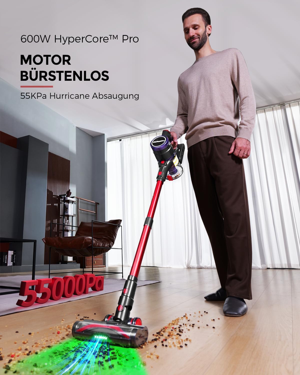 VACTechPro 55KPa/600W Akku Staubsauger Kabellos, 70Min Laufzeit, Akkustaubsauger mit 1,6-Liter-Staubbehälter, 8-Schicht-Filterung, Super Leise, Anti-Tangle Bodenbürste für Hartböden, Violett und Rot – Bild 2