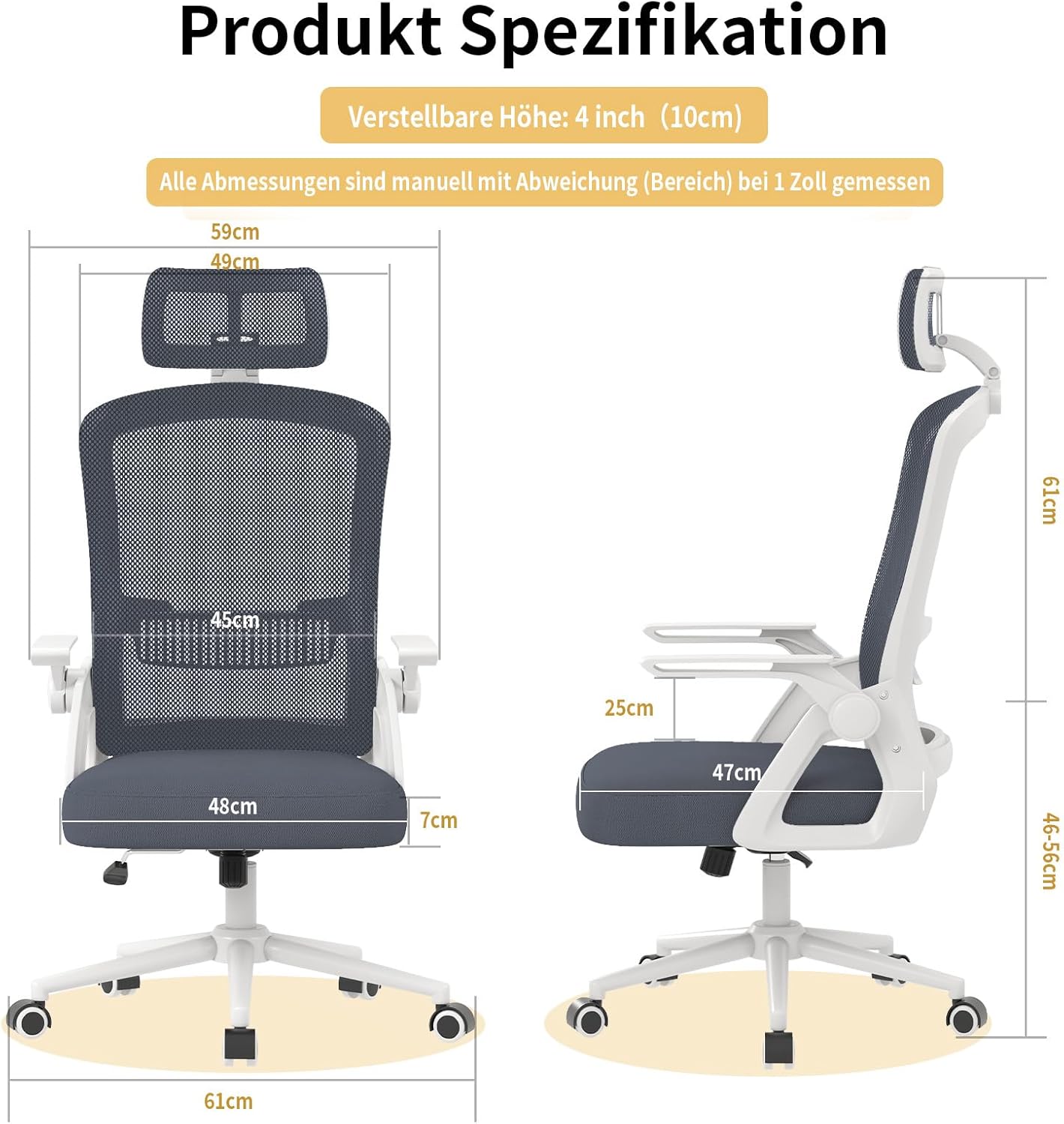 naspaluro Ergonomischer Bürostuhl mit verstellbaren Armlehnen, Schreibtischstuhl mit Kopfstütze, atmungsaktiver Netzbezug, Lordosenstütze, Höhenverstellung, Computerstuhl, 360°-Drehstuhl, hellgrau – Bild 2