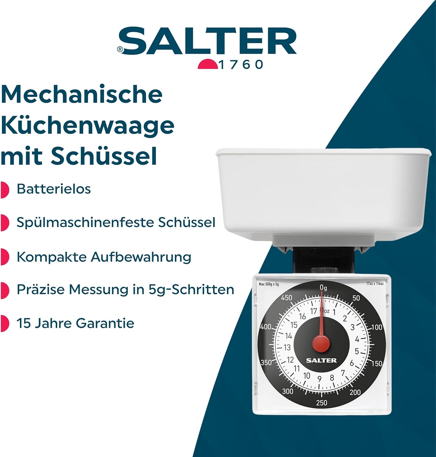 Mechanische Küchenwaage von Salter – 500 g Fassungsvermögen, Wiegung in 5-g-Schritten für präzise Portionskontrolle, Waage passt in die Pfanne, kompakt und ideal für Reisen, 15 Jahre Garantie – Weiß – Bild 2
