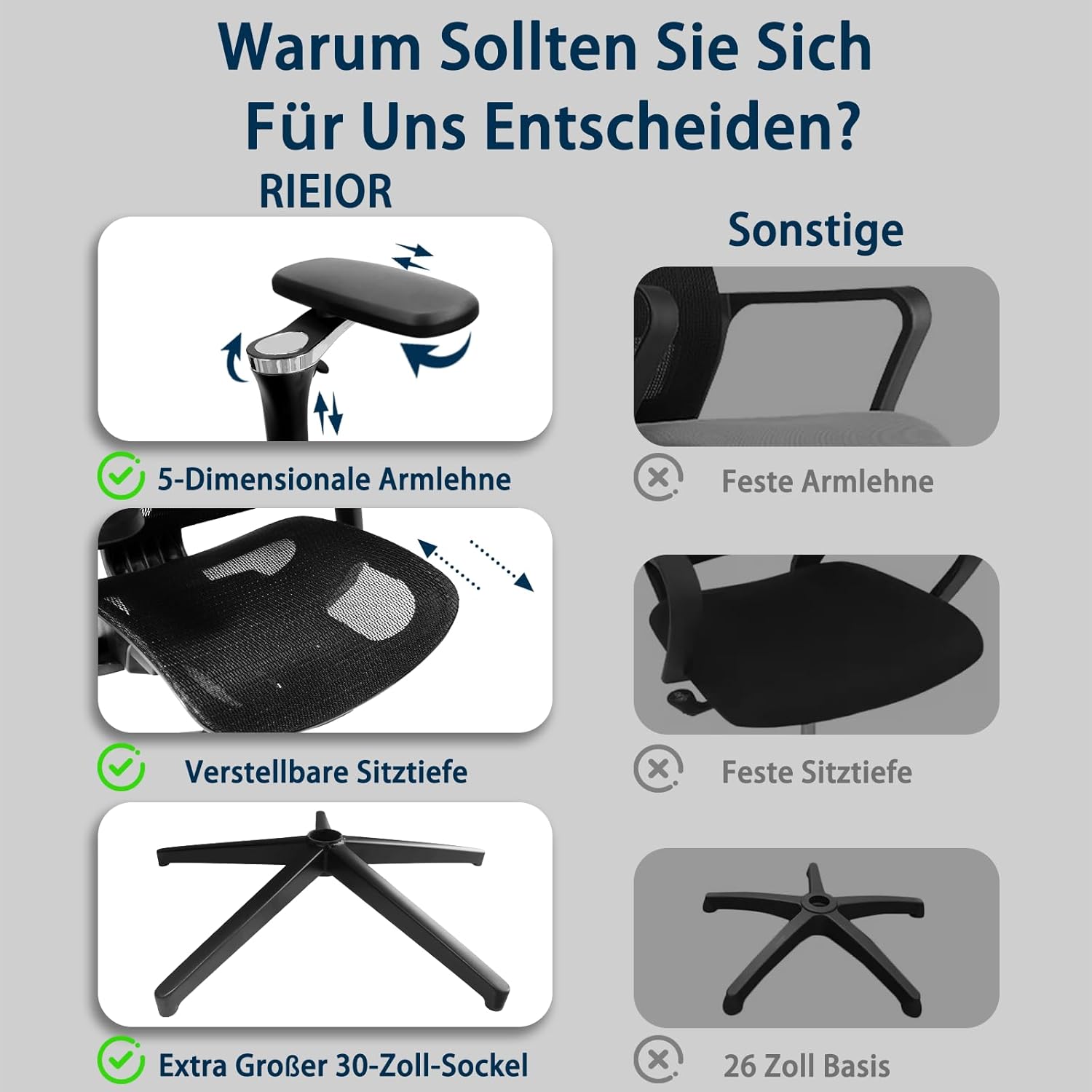 Ergonomischer Bürostuhl, groß und schwer, mit Fußstütze, 5D-verstellbaren Armlehnen, Lordosenstütze, Netzrückenlehne, verstellbarer Sitztiefe, drehbarer Gaming-Stuhl, Schwarz – Bild 7