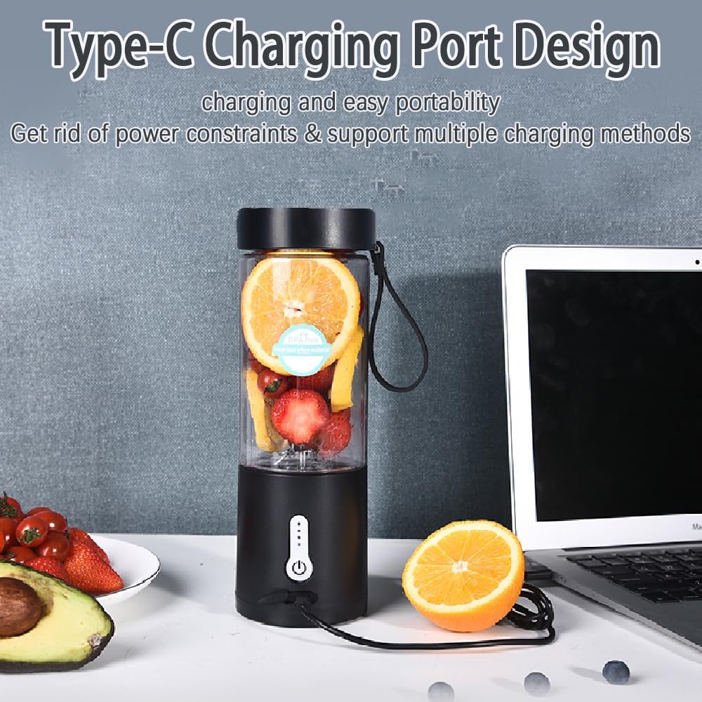 Tragbarer Mixer, Smoothie Maker to Go für Shakes und Smoothies mit 6 scharfen Klingen, USB wiederaufladbarer Mini-Entsafter, BPA-frei, tragbarer Entsafter für Fitnessstudios, Büro, Reisen (schwarz) – Bild 6